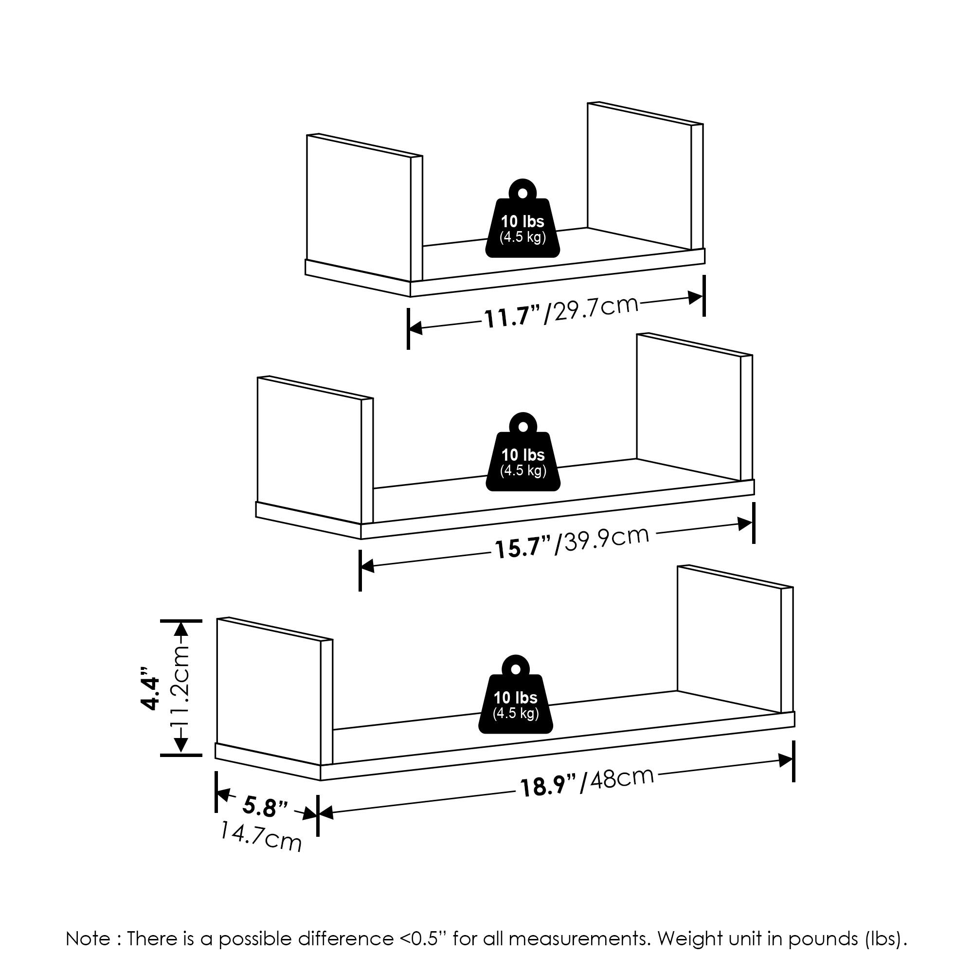 10 lbs (4.5 kg)  
11.7" / 29.7 cm  
15.7" / 39.9 cm  
4.4" / 11.2 cm  
5.8" / 14.7 cm  
18.9" / 48 cm  

Note: There is a possible difference <0.5" for all measurements. Weight unit in pounds (lbs).