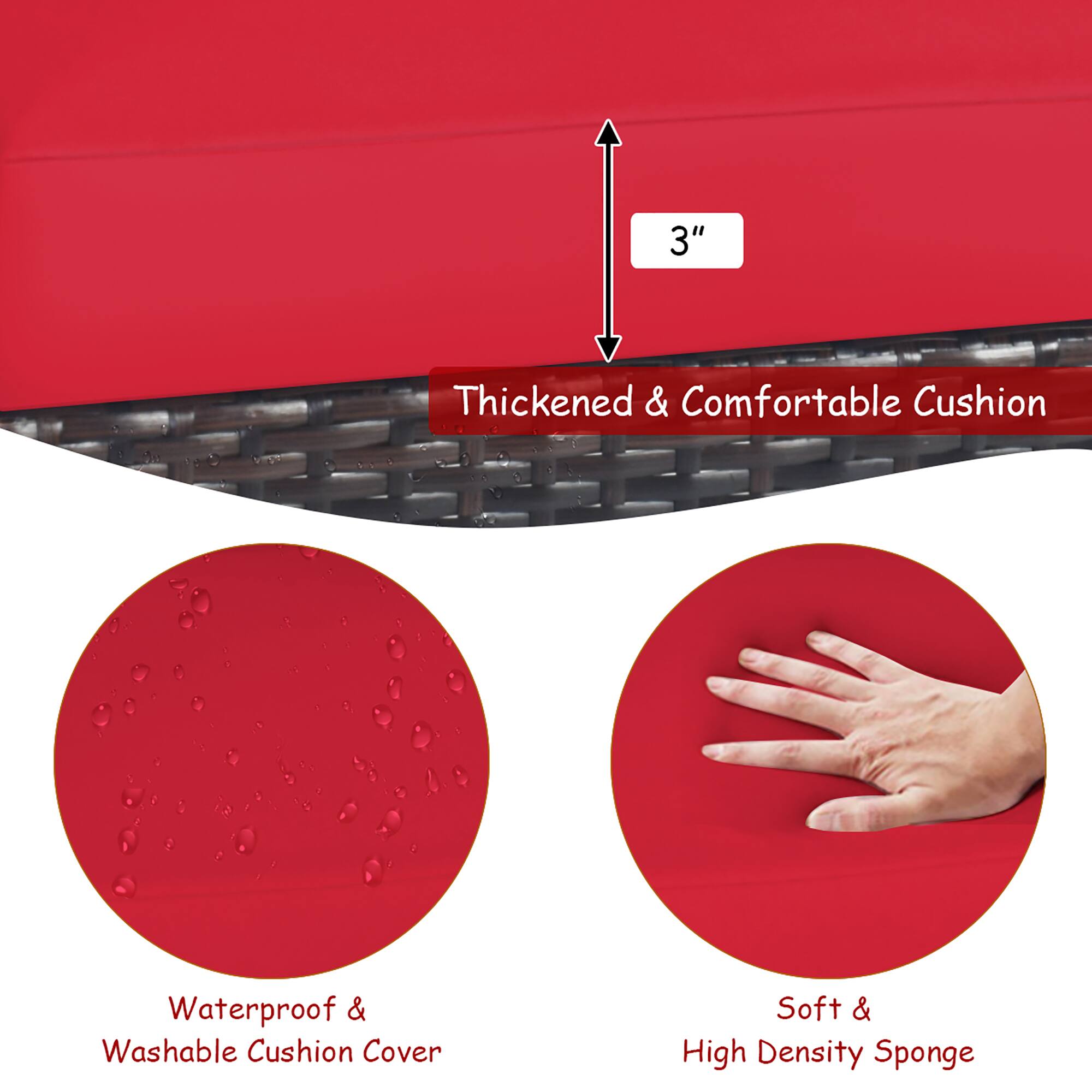 3" Thickened & Comfortable Cushion  
Waterproof & Washable Cushion Cover  
Soft & High Density Sponge