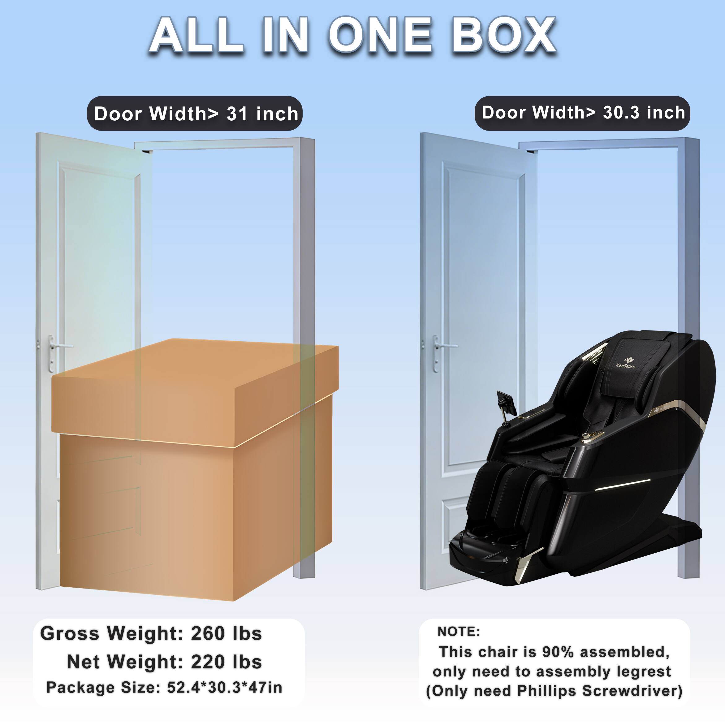 ALL IN ONE BOX

Door Width > 31 inch

Door Width > 30.3 inch

Gross Weight: 260 lbs  
Net Weight: 220 lbs  
Package Size: 52.4*30.3*47in

NOTE:  
This chair is 90% assembled, only need to assemble legrest (Only need Phillips Screwdriver)