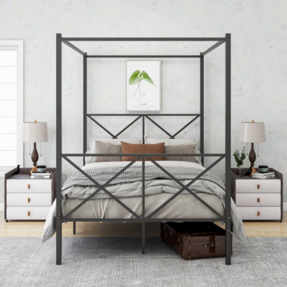 Angle. LUCKY ONE - Full Size Metal Canopy Bed Frame with X-Shaped Frame, Platform Bed, Steel Slats, No Box Spring Needed, Under-Bed Storage - Black.