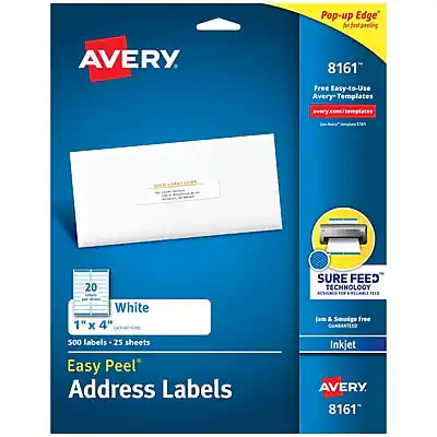 AVERY
Pop-up Edge™ for easy peeling
8161
Free Easy-to-Use Avery Templates
avery.com/templates
20 SURE FEED TECHNOLOGY
White 1" x 4"
500 labels - 25 sheets
Easy Peel Address Labels
Jam & Smudge Free
Inkjet
AVERY
8161