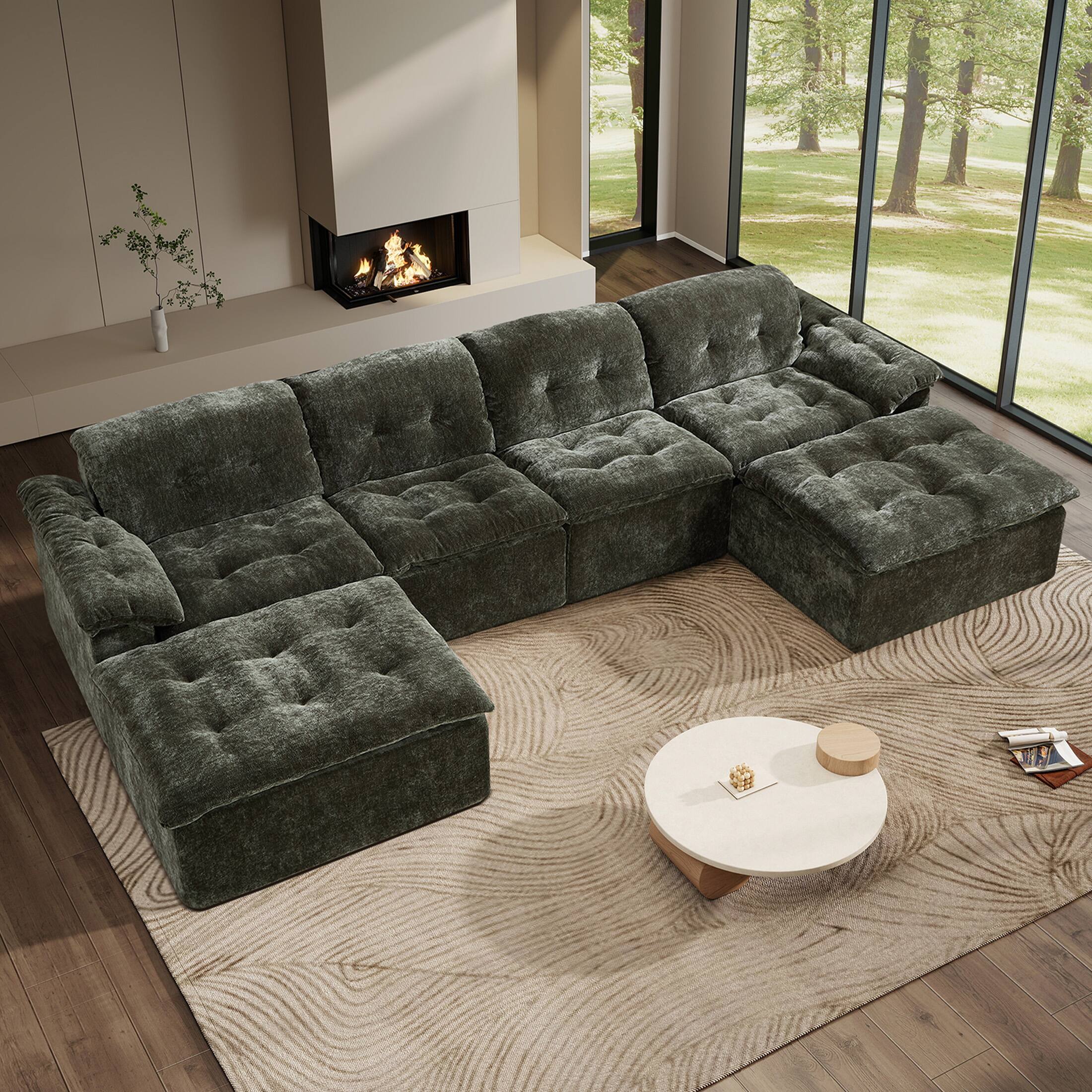 Angle. Anysun - Oversized U-Shaped Cloud Modular Sectional Sofa – 4-Seater with 2 Ottomans, Ice Flower Chenille Boneless, Memory Foam - Emerald.