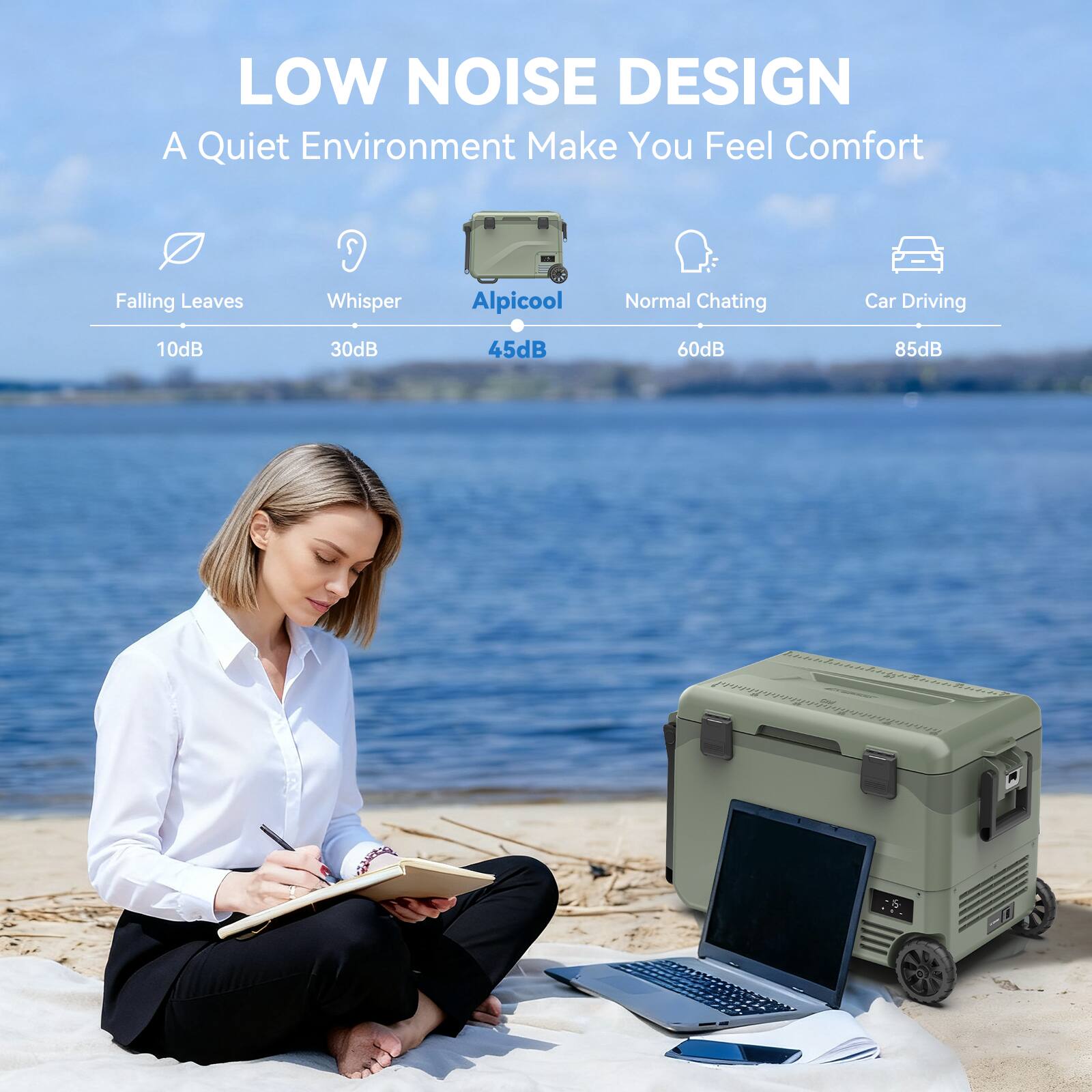 LOW NOISE DESIGN  
A Quiet Environment Make You Feel Comfort  

- Falling Leaves: 10dB  
- Whisper: 30dB  
- Alpicool: 45dB  
- Normal Chating: 60dB  
- Car Driving: 85dB