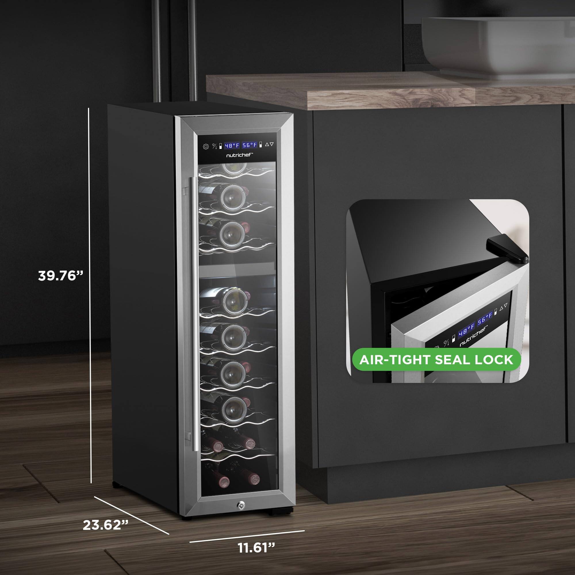 - Height: 39.76"
- Width: 23.62"
- Depth: 11.61"
- Features: AIR-TIGHT SEAL LOCK
- Temperature: 48°F, 56°F
- Brand: nutrichef