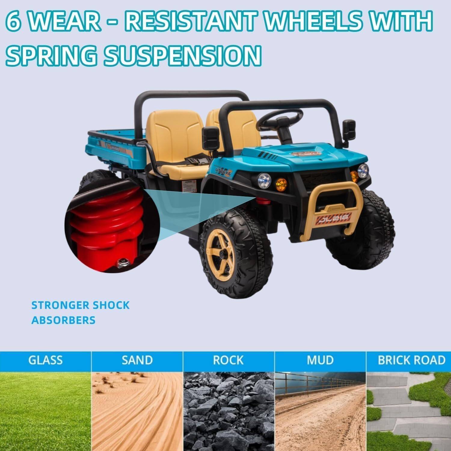 6 WEAR - RESISTANT WHEELS WITH SPRING SUSPENSION

STRONGER SHOCK ABSORBERS

GLASS SAND ROCK MUD BRICK ROAD