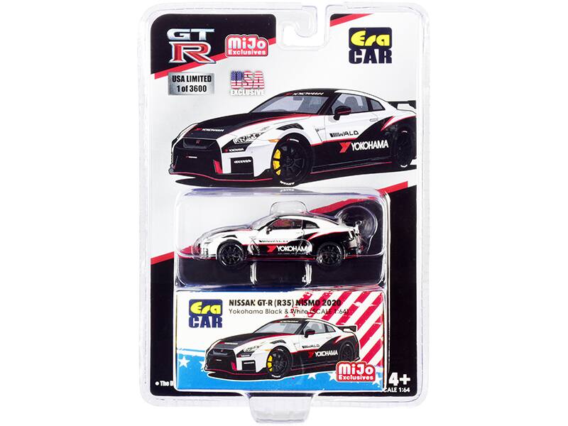 GT-R  
MiJo Exclusives  
USA LIMITED 1 of 3600  
EXCLUSIVE  

Era CAR  
NISSAN GT-R (R35) NISMO 2020  
Yokohama Black & White  
SCALE 1:64  

WALD  
YOKOHAMA  

4+  
SCALE 1:64  

MiJo Exclusives