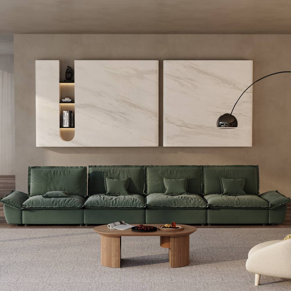 Angle. POVISON - 182.67" Modern Deep Sofa with Adjustable Backrest - Green Suede Fabric.