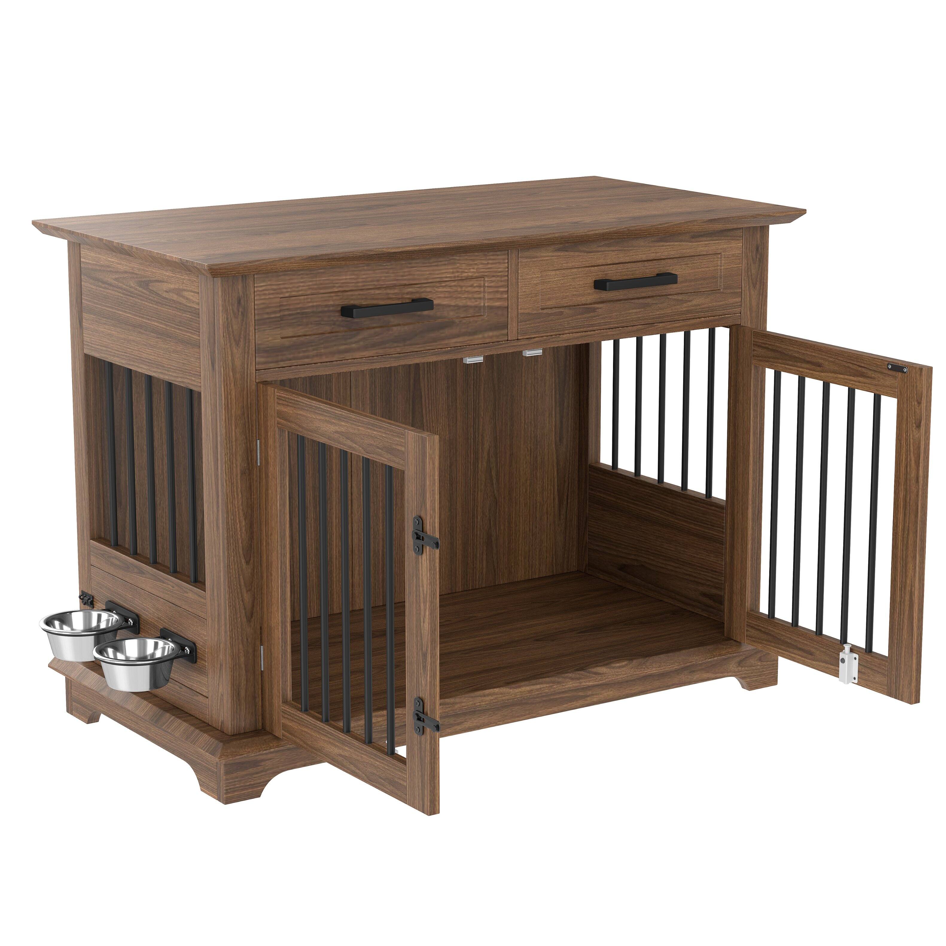Back. Runesay - 44.48in Brown Large Indoor Wooden Dog Crate Kennel Furniture House End Table with 2 Storage Drawers.