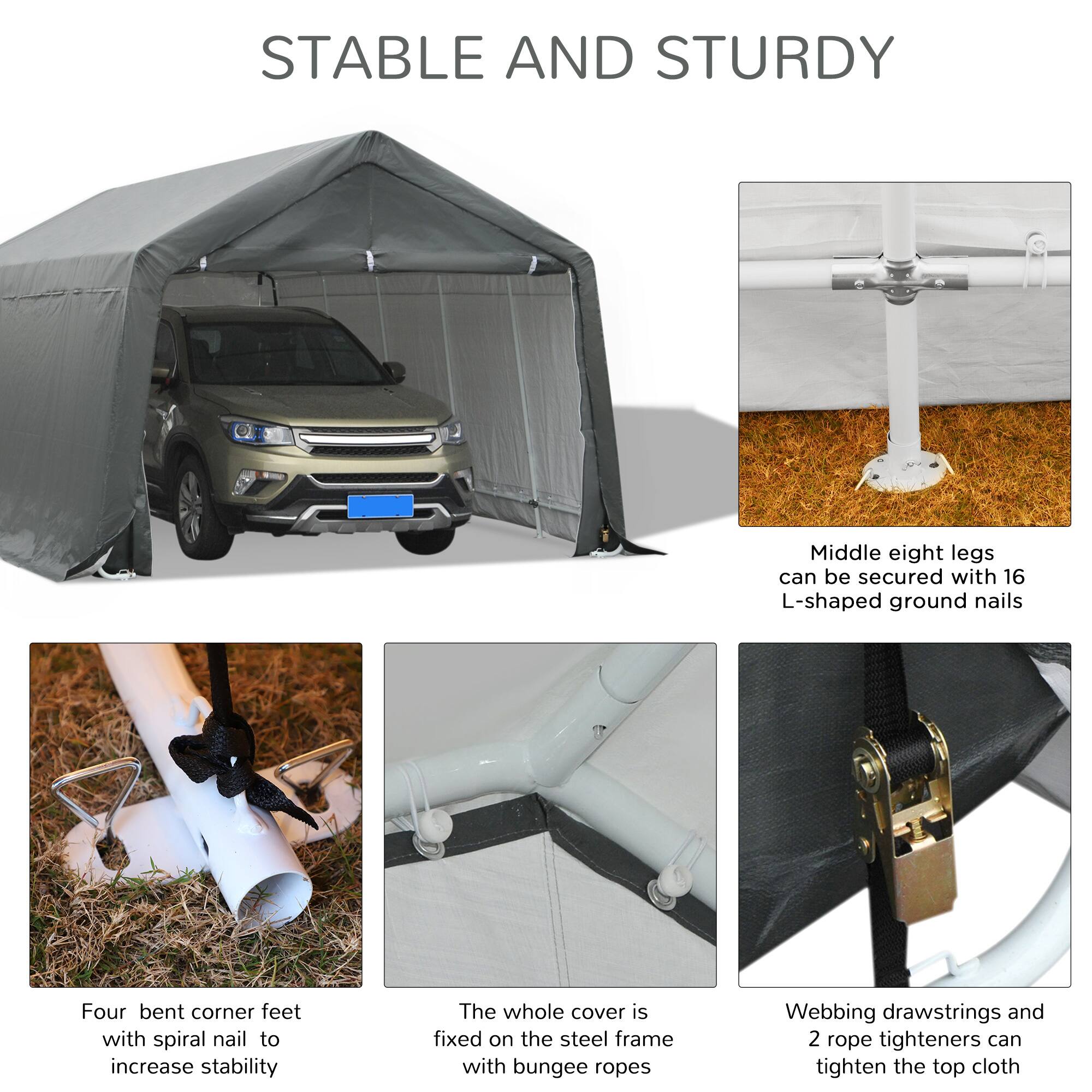 STABLE AND STURDY

Middle eight legs can be secured with 16 L-shaped ground nails

Four bent corner feet with spiral nail to increase stability

The whole cover is fixed on the steel frame with bungee ropes

Webbing drawstrings and 2 rope tighteners can tighten the top cloth