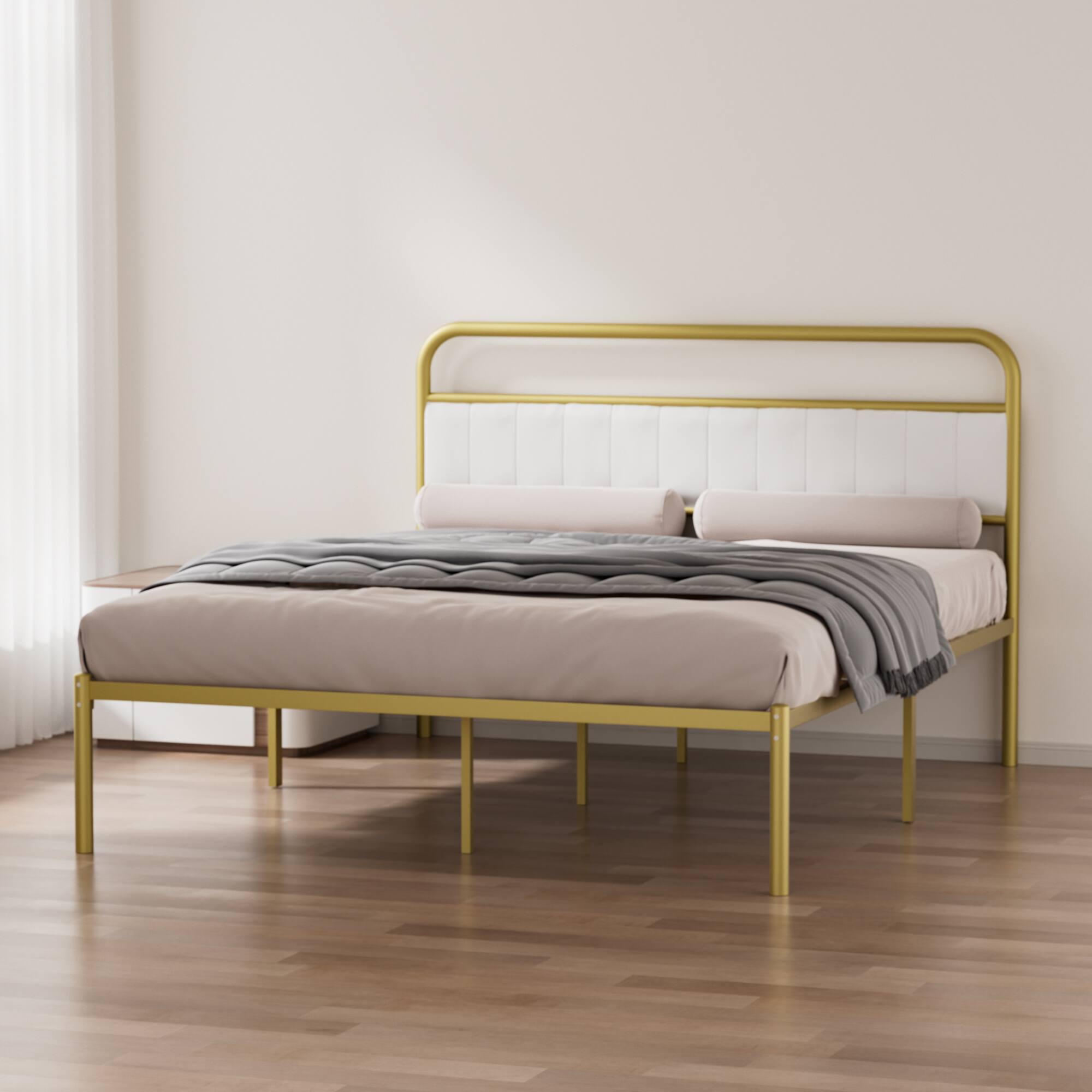 GOODSILO - Queen-Size Upholstered Platform Bed Frame with Metal and Wood Construction Adjustable for Various Settings - Beige+Gold