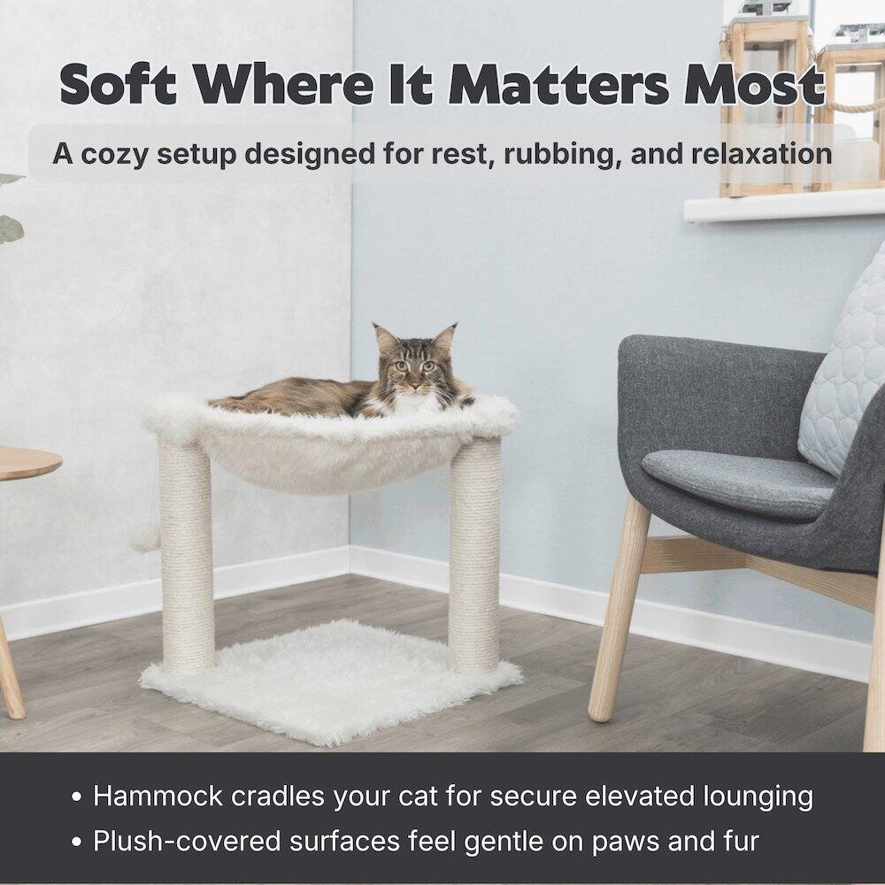Soft Where It Matters Most  
A cozy setup designed for rest, rubbing, and relaxation  

- Hammock cradles your cat for secure elevated lounging  
- Plush-covered surfaces feel gentle on paws and fur