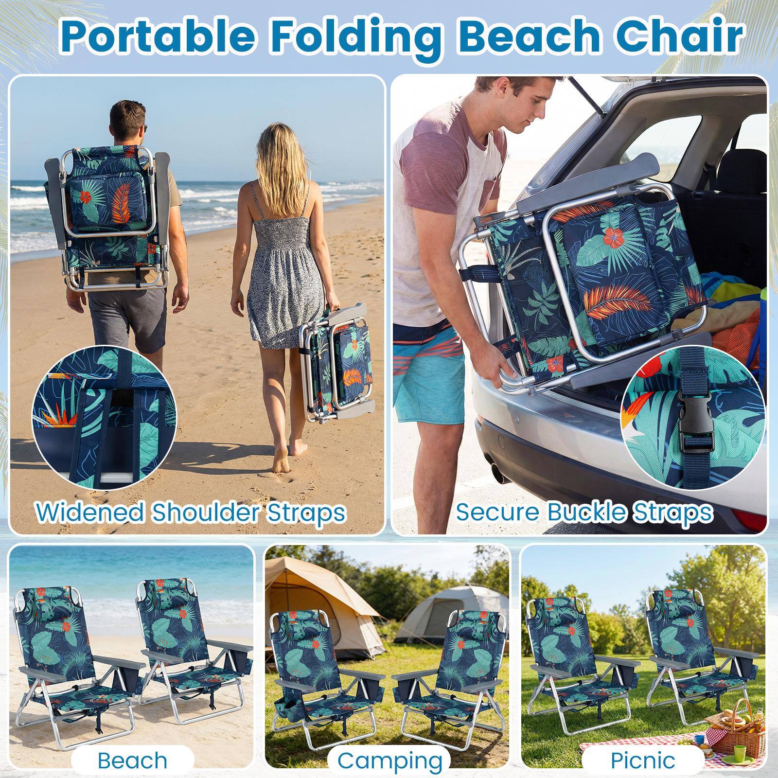 Portable Folding Beach Chair  
Widened Shoulder Straps  
Secure Buckle Straps  
Beach Camping Picnic