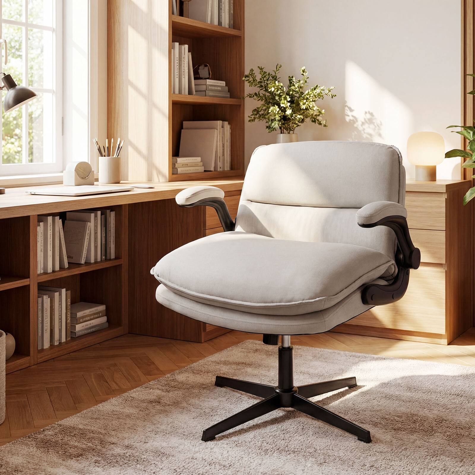 Alt View 1. Costway - Costway Criss Cross Chair with Flip-up Arms, Adjustable Height, Wide Backrest, Padded Seat - Beige.