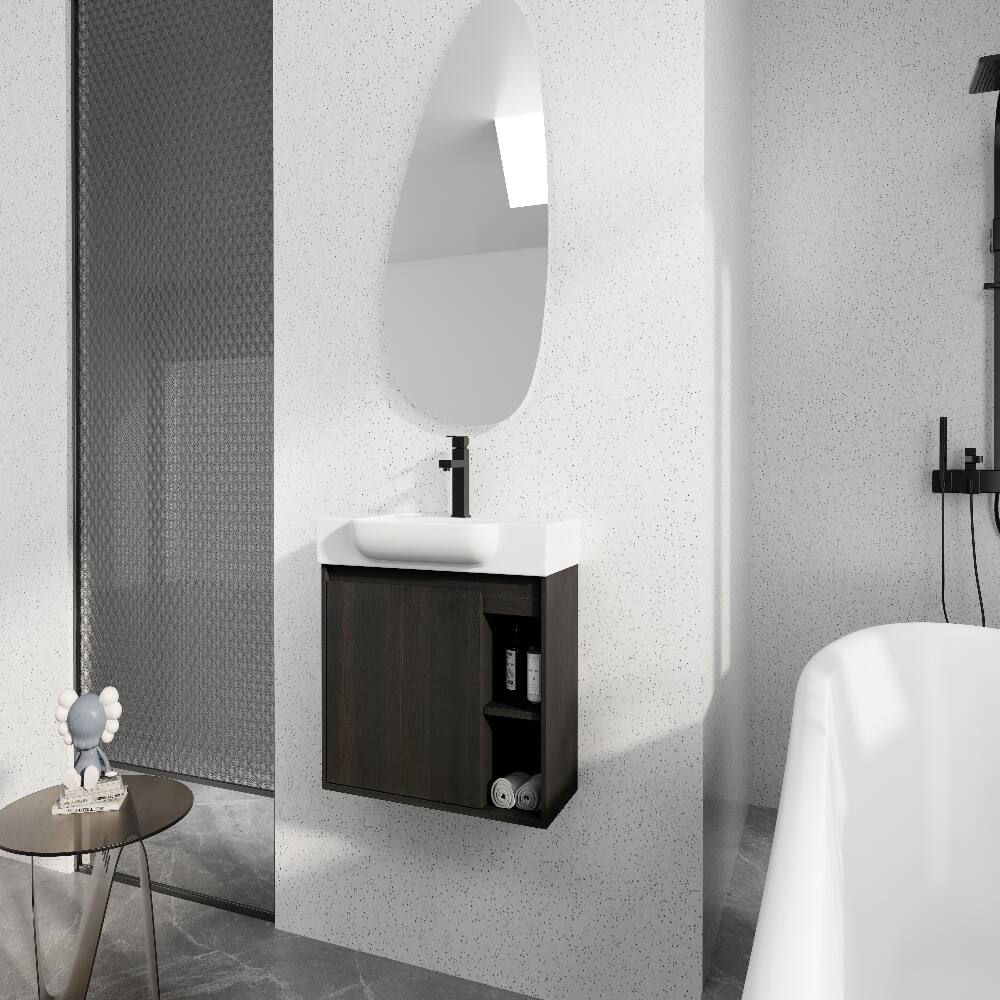Left. Loheer - Loheer 28 inch wall mounted bathroom vanity with white ceramic sink, dark oak floating vanity - Dark Oak.