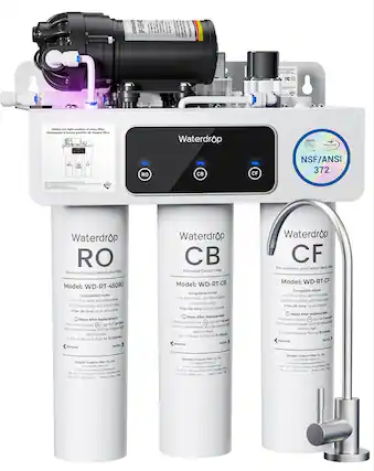 **Waterdrop RO Reverse Osmosis Membrane Filter**
Model: WD-RT-450RO
Compatible model: WD-RT34-WCA, WD-RT34-WMA, WD-RT44D-WDD, WD-RT44D-WAD
Filter life time up to 24 months
Reset After Replacement
1. Press and hold the sign for 7 seconds until the system beeps, and the indicator light starts to flash.
2. Turn on faucet to flush for 30 minutes.
REMOVE INSTALL
**Waterdrop CB Activated Carbon Filter**
Model: WD-RT-CB
Compatible model: WD-RT34-WCA, WD-RT44D-WAD
Filter life time up to 12 months
Reset After Replacement
1. Press and hold the sign for 7 seconds until the system beeps, and the indicator light starts to flash.
2. Turn on faucet to flush for 15 minutes.
REMOVE INSTALL
**Waterdrop CF Pre-sediment and Carbon Block Filter**
Model: WD-RT-CF
Compatible model: WD-RT34-WCA, WD-RT44D-WAD
Filter