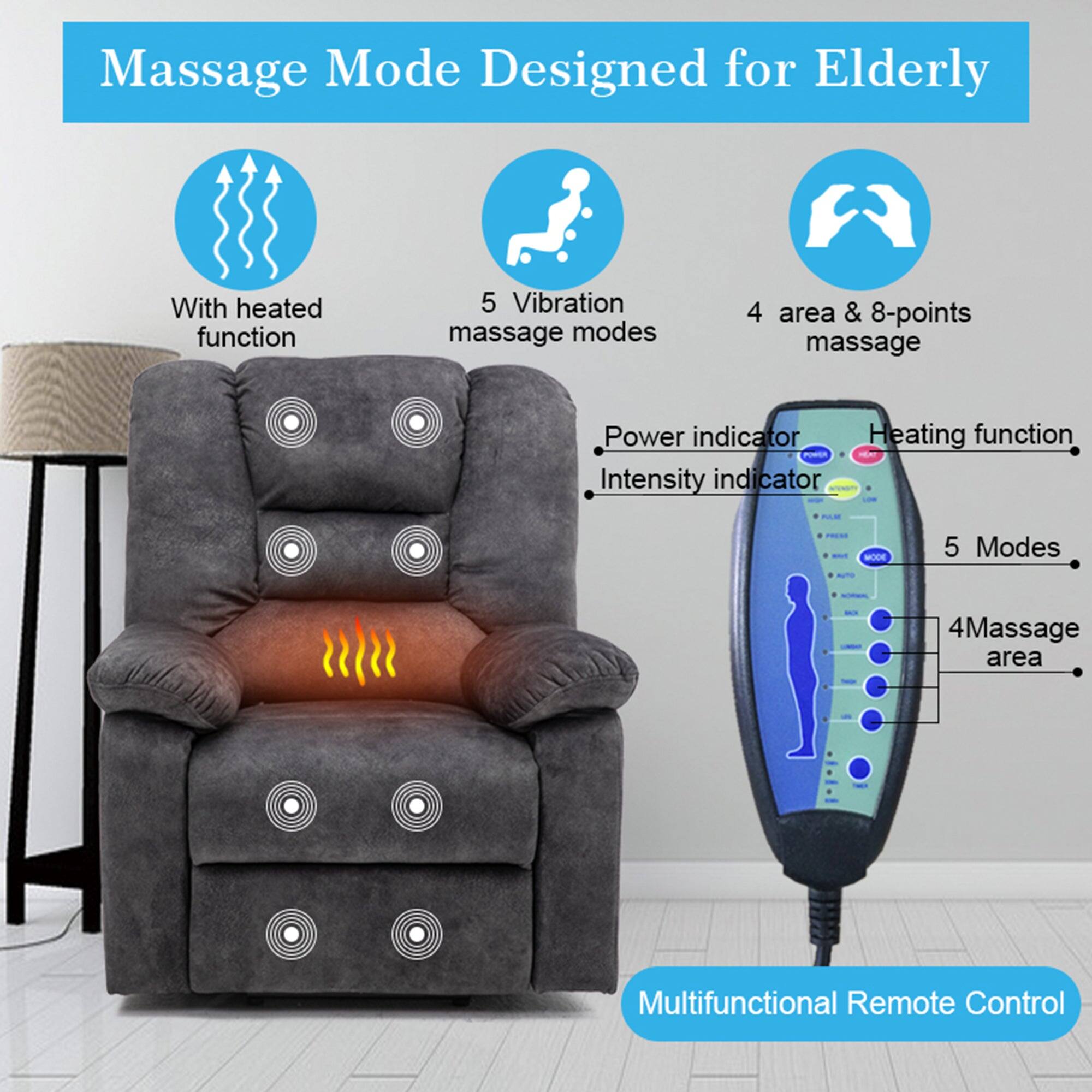 Massage Mode Designed for Elderly  
- With heated function  
- 5 Vibration massage modes  
- 4 area & 8-points massage  
- Power indicator  
- Heating function  
- Intensity indicator  
- 5 Modes  
- 4 Massage area  
- Multifunctional Remote Control