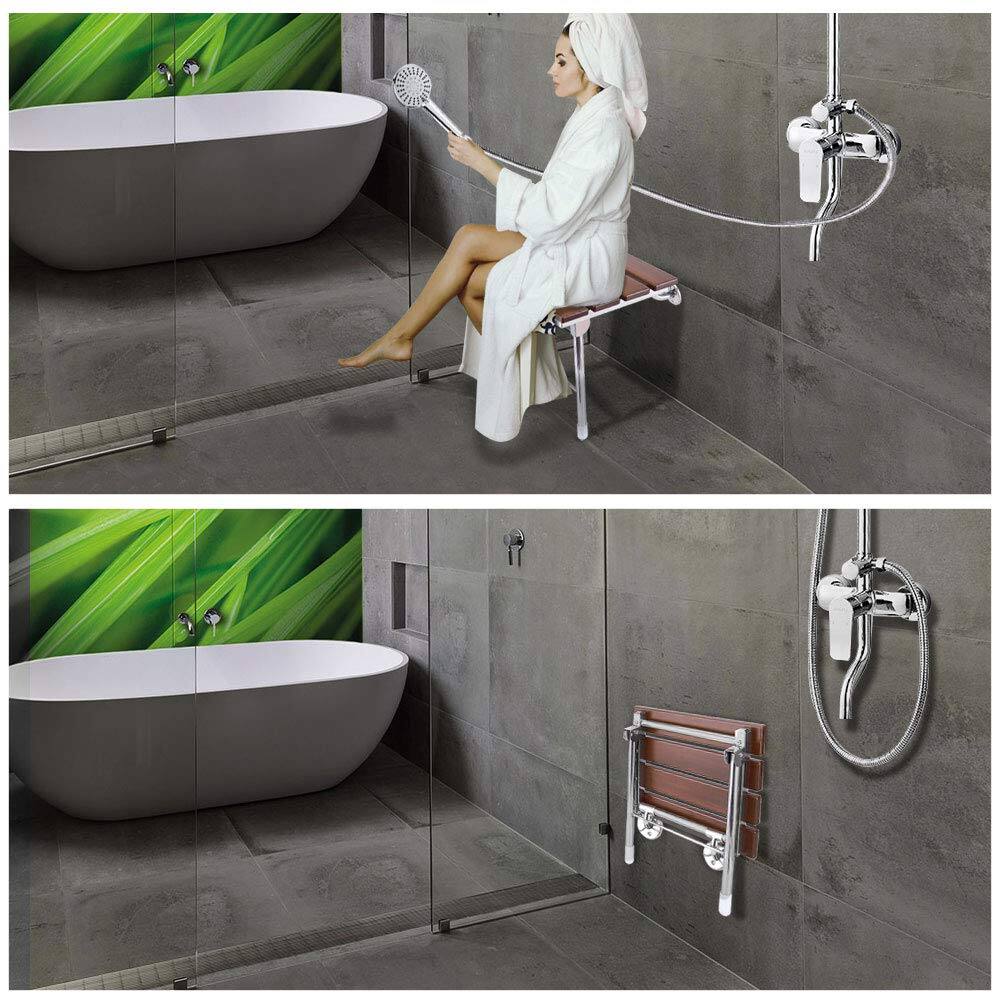 Left. JETRANSPORT - Folding Shower Seat Wall Mounted Bathroom Bathtub Safety Stool Chair Solid Wood With Support Load Of 350 Lbs - Fixed Height Plus WPC.