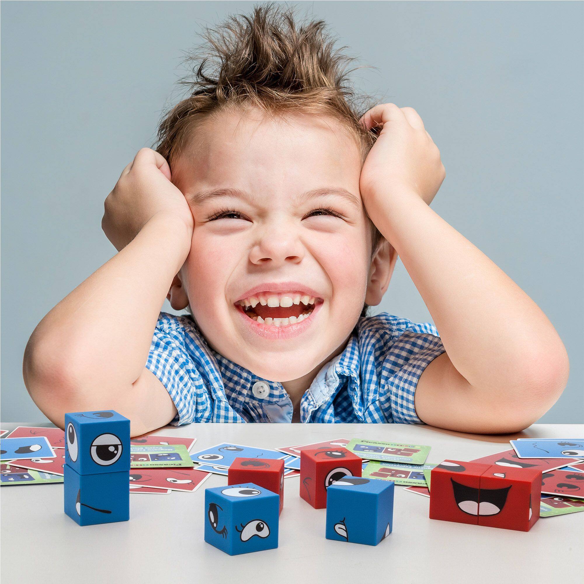 Alt View 3. PicassoTiles - PICASSO-TILES 8 PC Mix and Match Emoticon Magnetic Building Puzzle Cubes Set for Kids Ages 3+ - Multicolor.