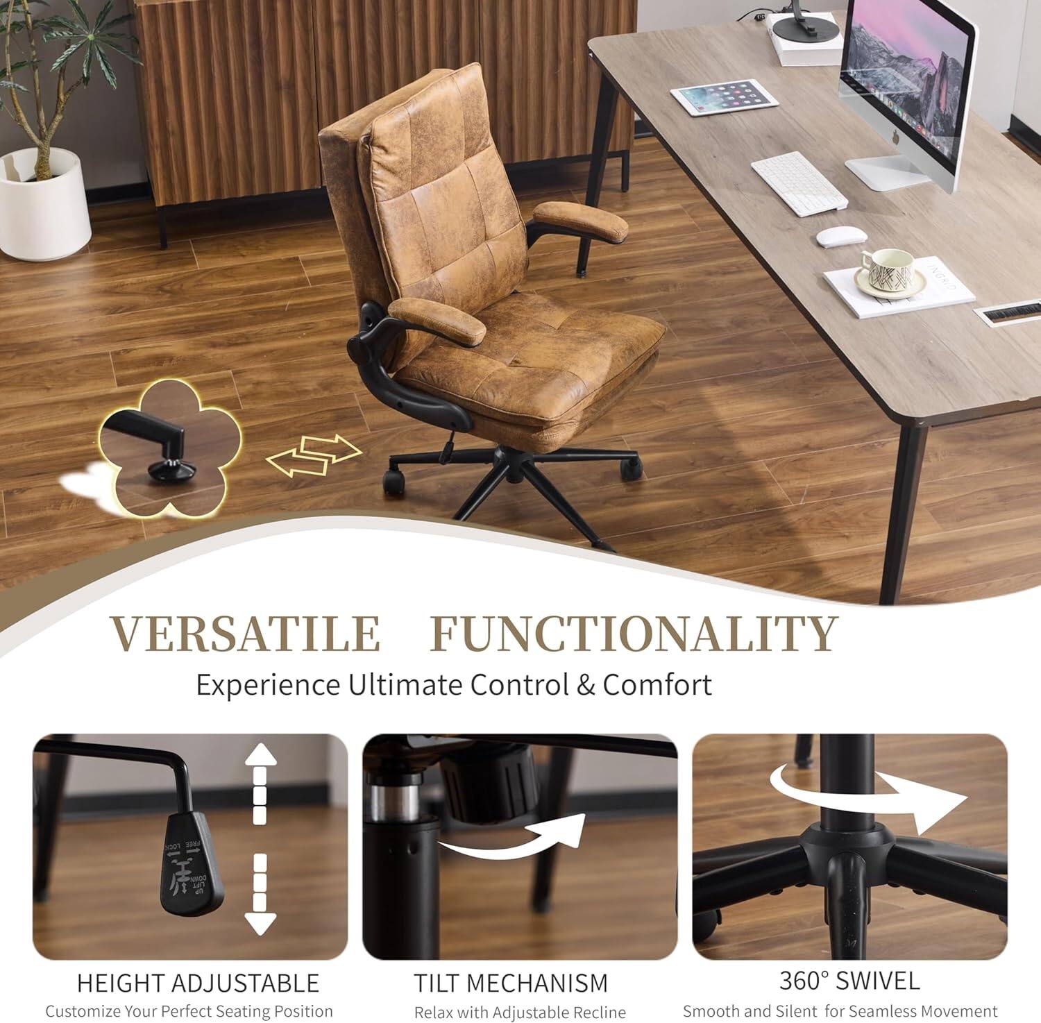VERSATILE FUNCTIONALITY  
Experience Ultimate Control & Comfort  

HEIGHT ADJUSTABLE  
Customize Your Perfect Seating Position  

TILT MECHANISM  
Relax with Adjustable Recline  

360° SWIVEL  
Smooth and Silent for Seamless Movement