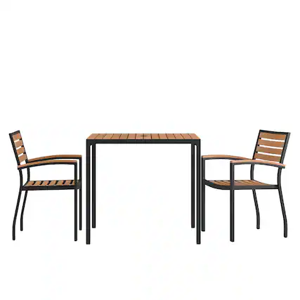 Front. Emma + Oliver - Indoor/Outdoor Faux Teak Table-Umbrella Hole-2 Club Chairs - Teak.