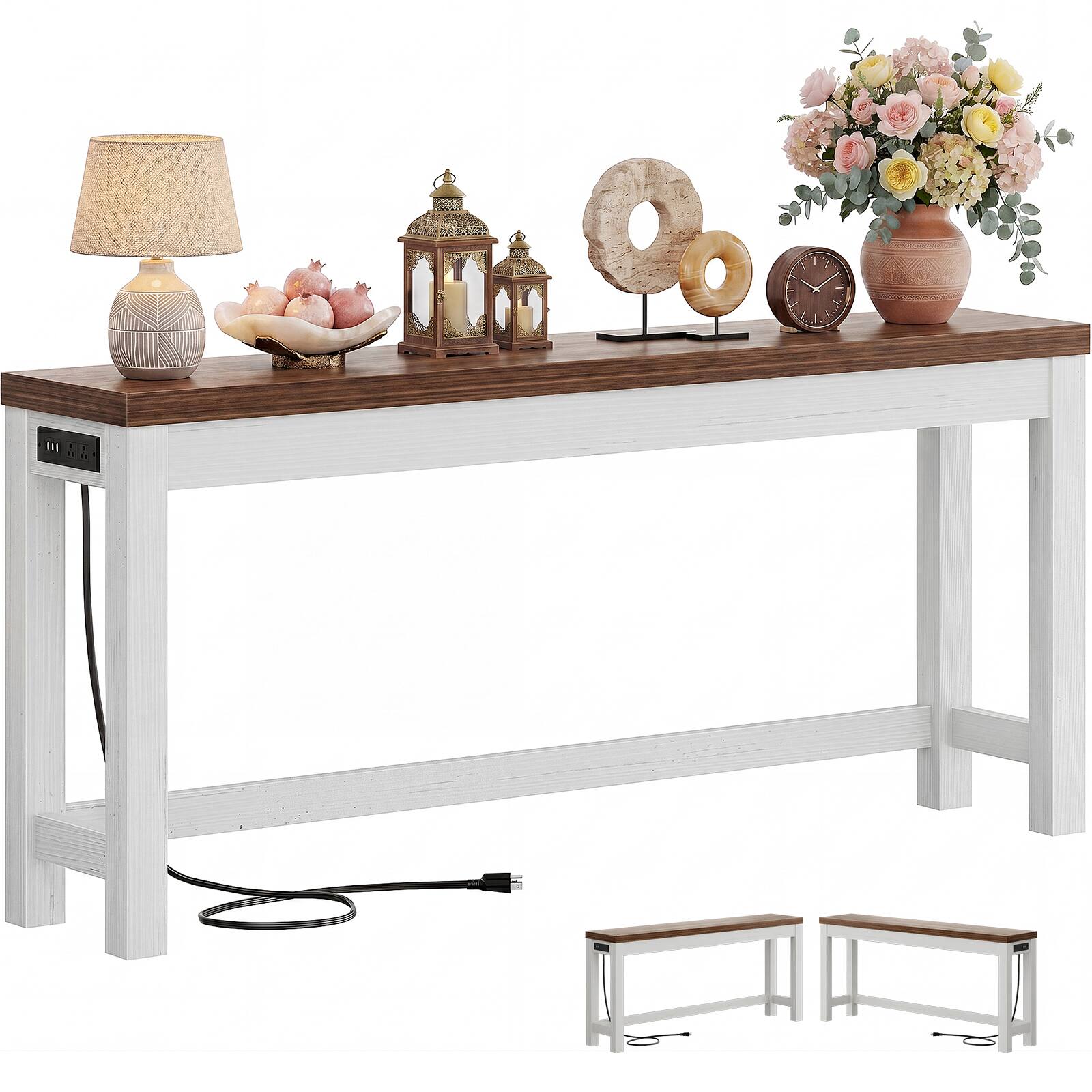 Angle. Aheaplus - 63'' Long Narrow Console Table with Charging Station for Entryway - White & Walnut.