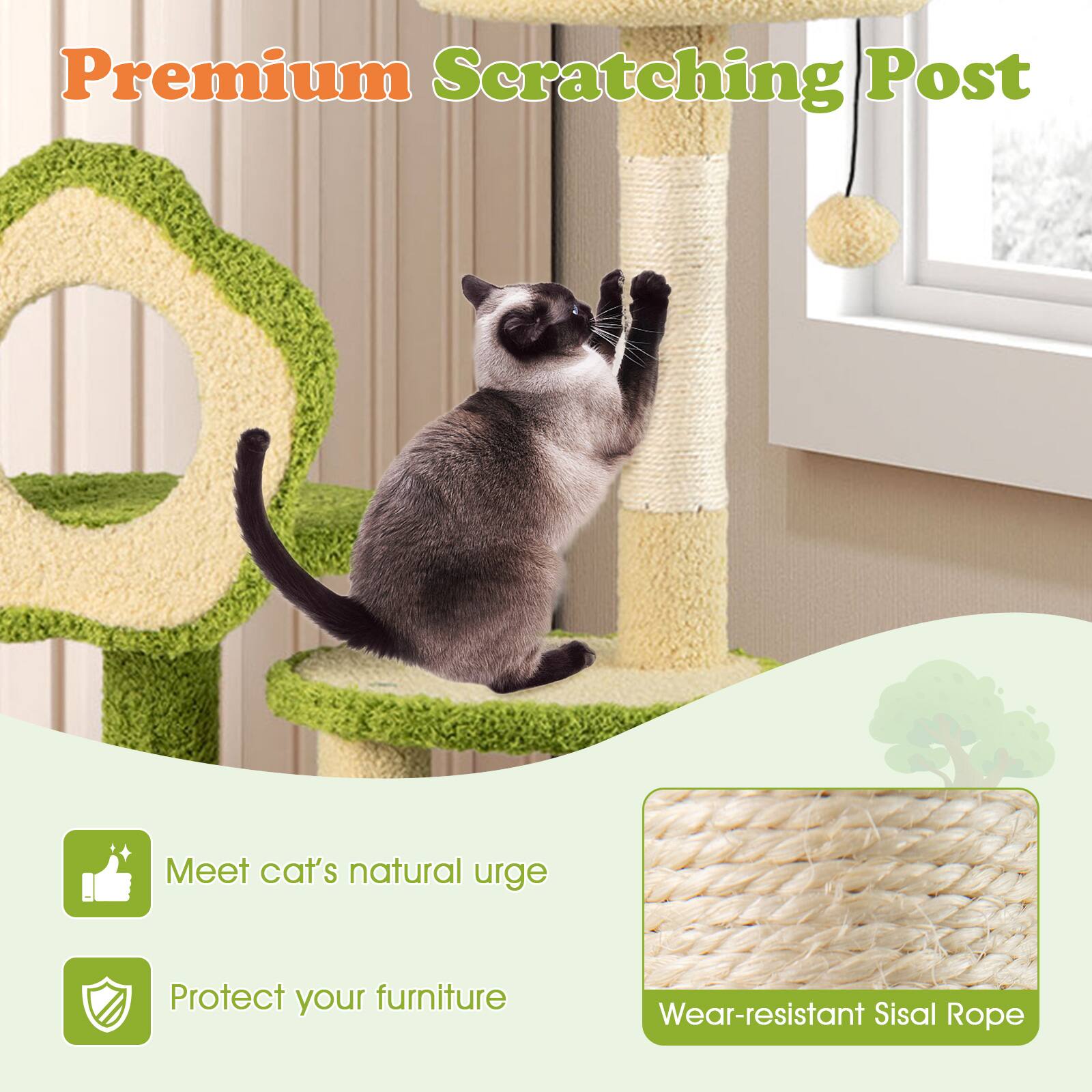 Premium Scratching Post

- Meet cat's natural urge
- Protect your furniture
- Wear-resistant Sisal Rope
