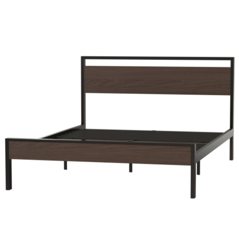 Back. LUCKY ONE - Queen Size Ceres Metal Bed with Walnut Wood Headboard and Footboard, Industrial Style, Metal Slats, No Box Spring Needed - Black.