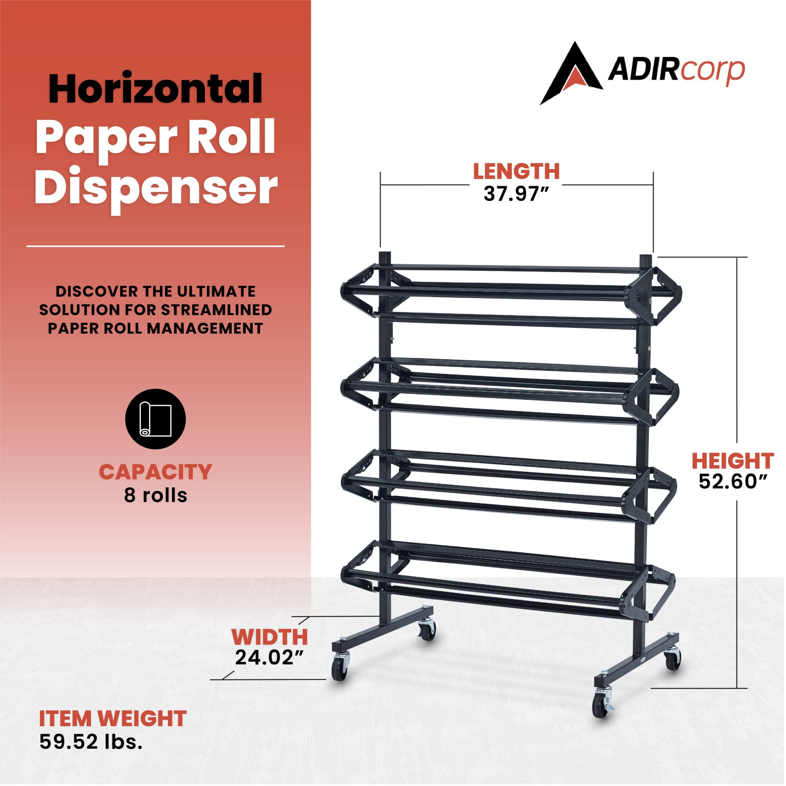 Horizontal Paper Roll Dispenser
ADIRcorp
LENGTH 37.97"
DISCOVER THE ULTIMATE SOLUTION FOR STREAMLINED PAPER ROLL MANAGEMENT
CAPACITY 8 rolls
HEIGHT 52.60"
WIDTH 24.02"
ITEM WEIGHT 59.52 lbs.