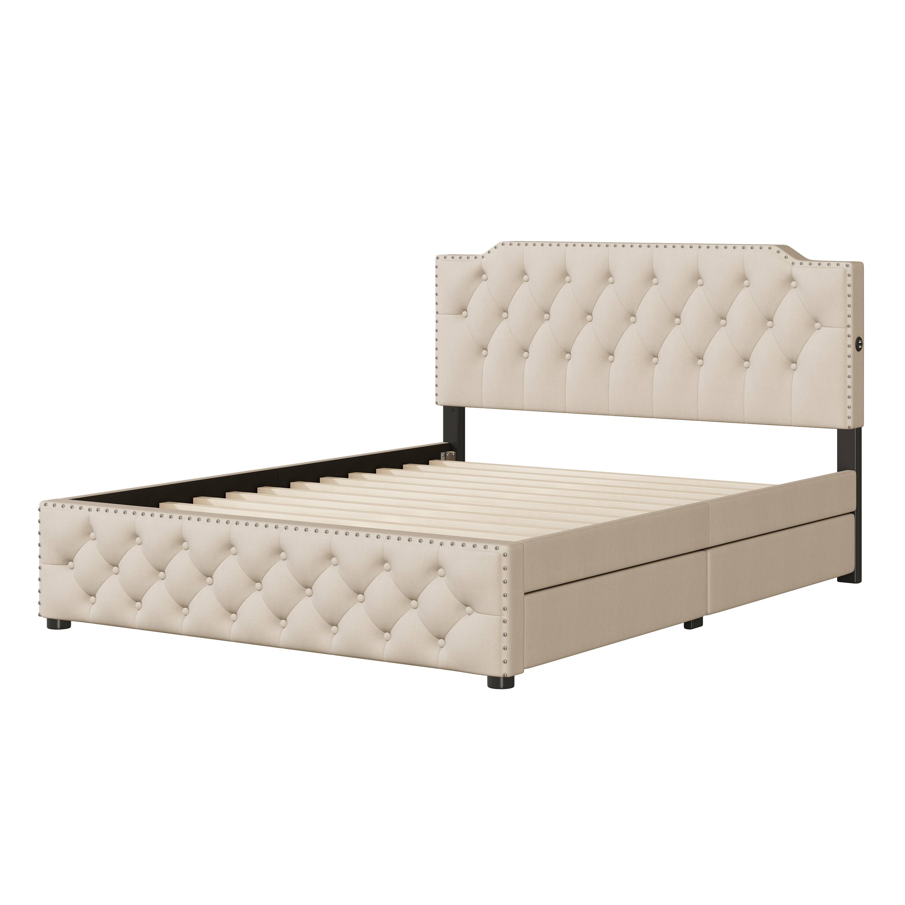 Left. Tiramisubest - Queen Size Upholstered Platform Bed with 2 Drawers and 2 sets of USB Ports on each side, Linen Fabric, Beige - Beige.