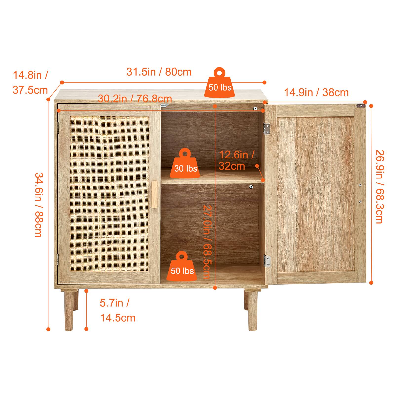 14.8in / 37.5cm  
31.5in / 80cm  
30.2in / 76.8cm  
14.9in / 38cm  
34.6in / 88cm  
12.6in / 32cm  
26.9in / 68.3cm  
27.0in / 68.5cm  
5.7in / 14.5cm  
50 lbs  
30 lbs