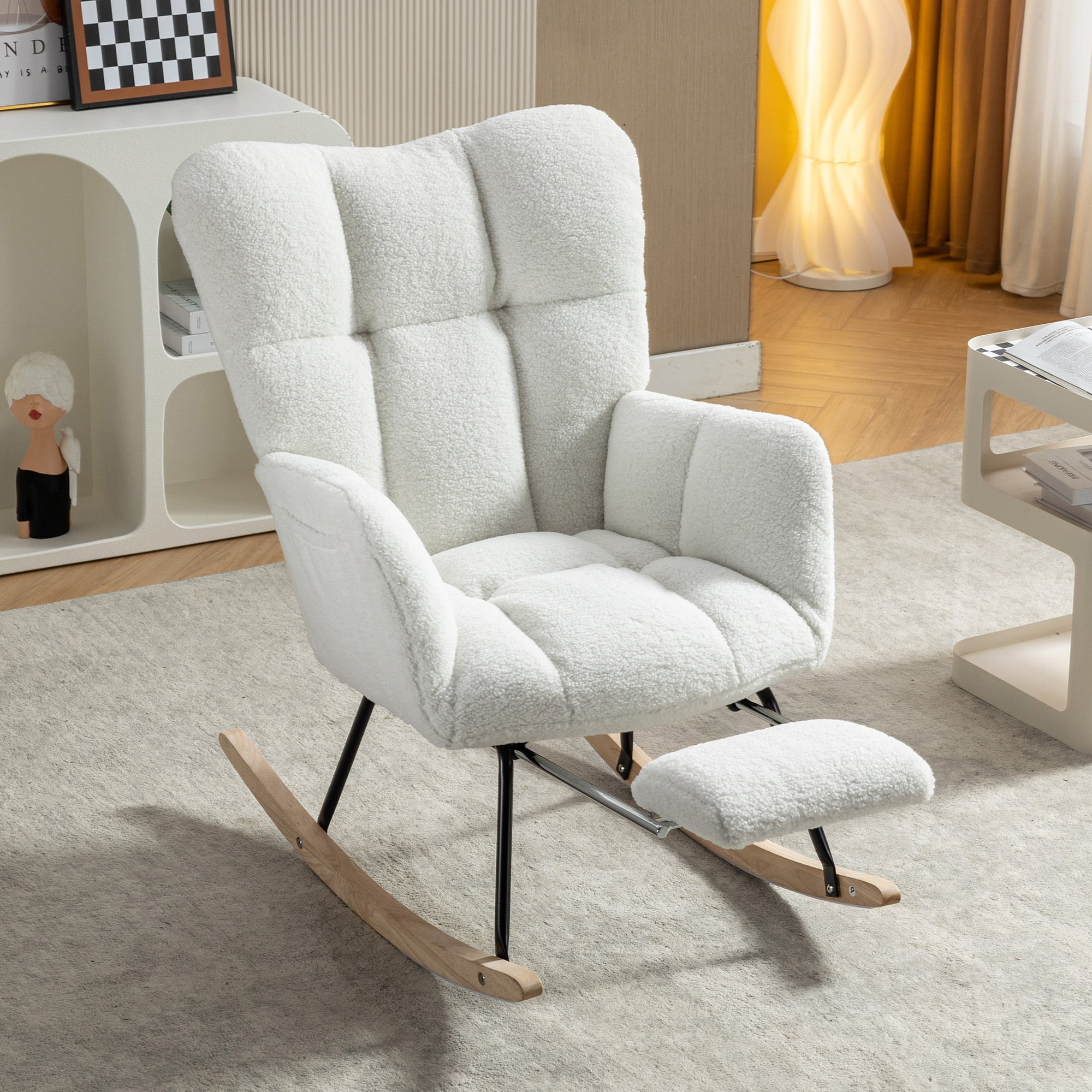 Anysun - Teddy Fabric Rocking Chair with Adjustable Footstool - High Back, Storage Pocket, Solid Wood & Metal Base - White
