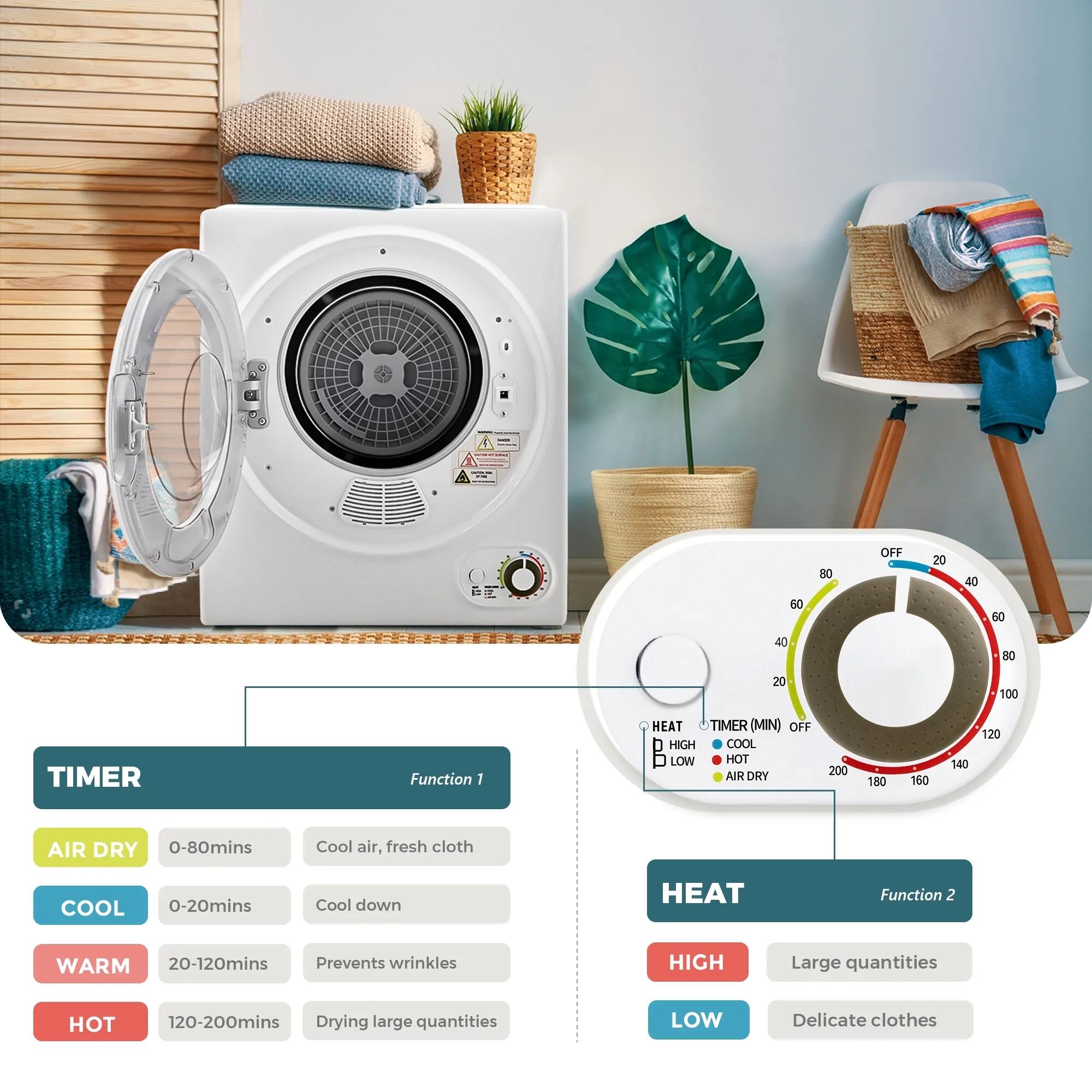 **TIMER Function**
- **AIR DRY (0-80 mins):** Cool air, fresh cloth
- **COOL (0-20 mins):** Cool down
- **WARM (20-120 mins):** Prevents wrinkles
- **HOT (120-200 mins):** Drying large quantities
**HEAT Function**
- **HIGH:** Large quantities
- **LOW:** Delicate clothes