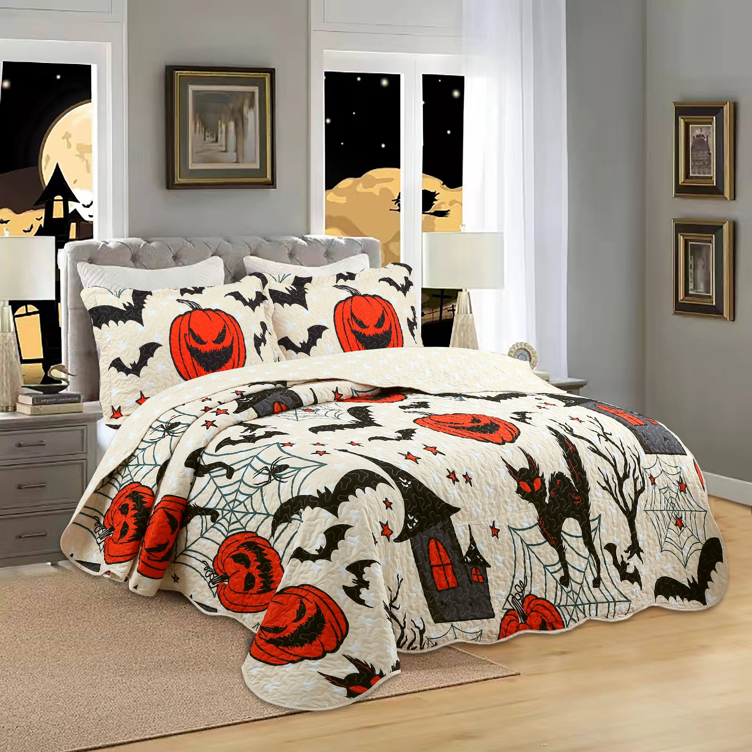 Left. MarCielo - Marcielo 2/3 Pcs Halloween Themed Quilt Bedspread Set ME503 - Yellow.