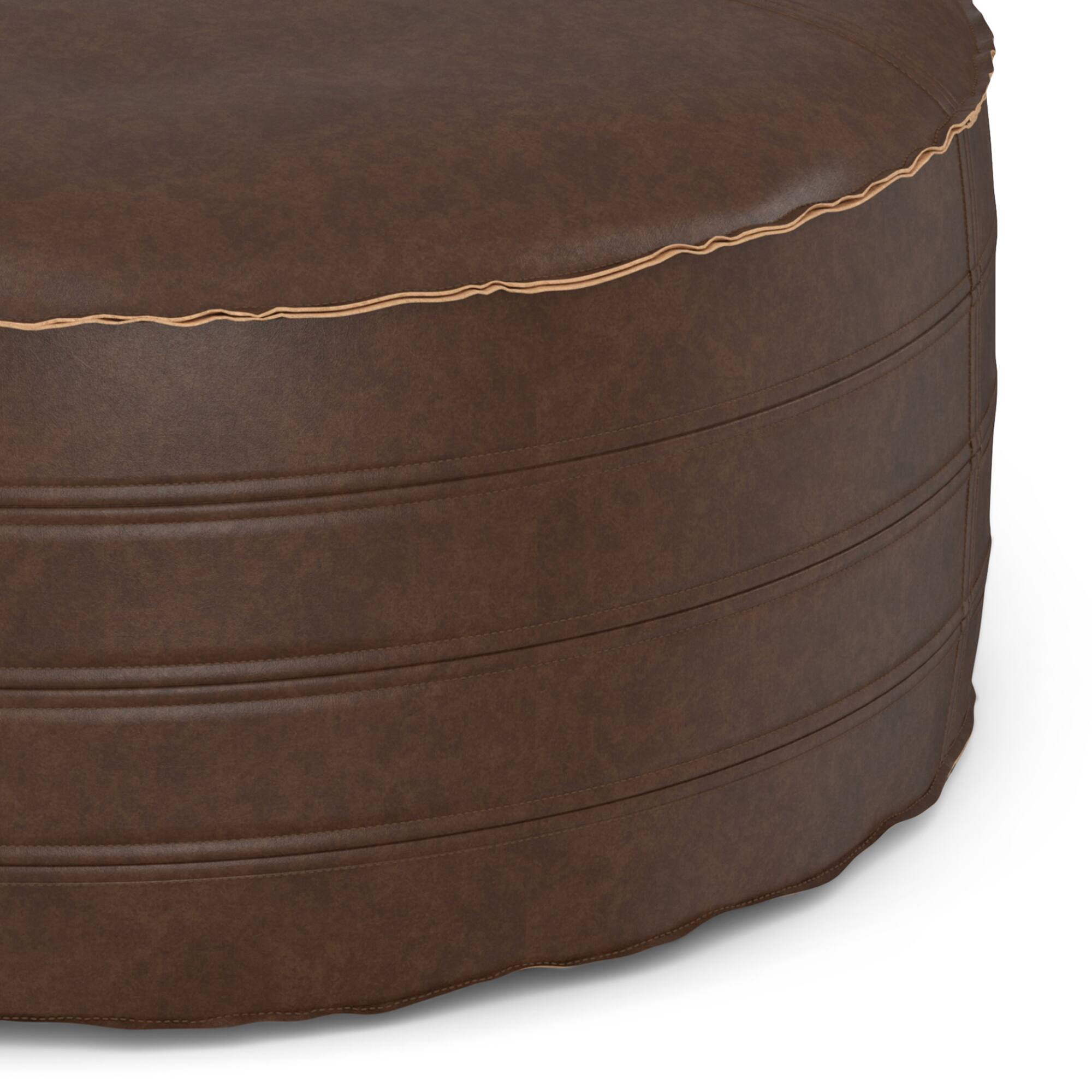 Alt View 4. Simpli Home - Brody Boho Round Pouf in Distressed Dark Brown Vegan Faux Leather - Distressed Dark Brown.