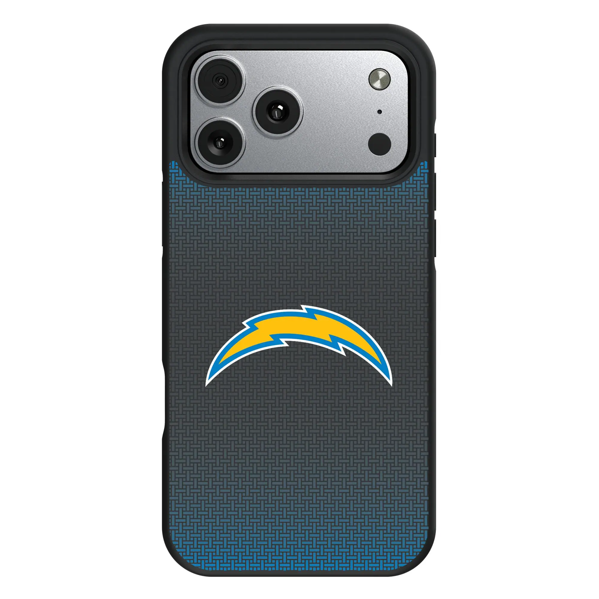 Front. Keyscaper - Los Angeles Chargers Linen Logo iPhone Bump Case - 15 Pro Max - Black.