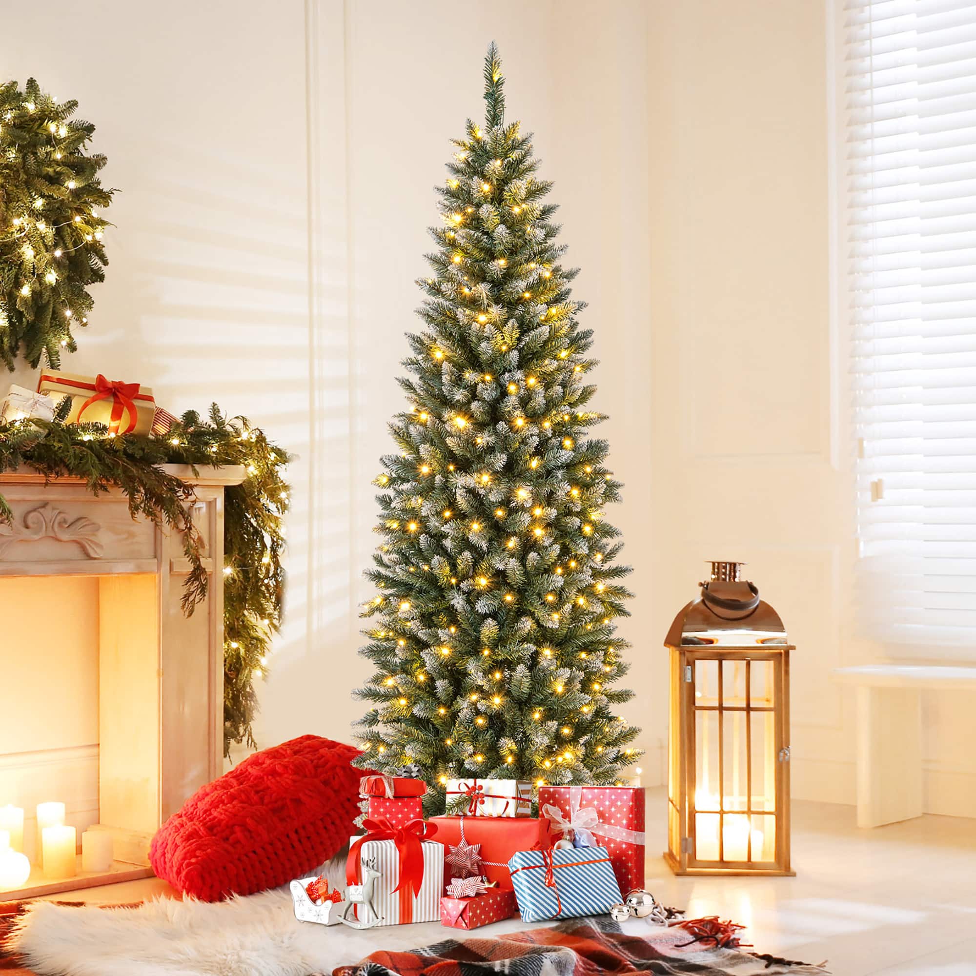 Gymax - 6 FT Pre-Lit Artificial Christmas Tree Hinged Slim Pencil Xmas Tree w/ 618 Snowy Branch Tips - Blue, Green price history on PriceWatchPro