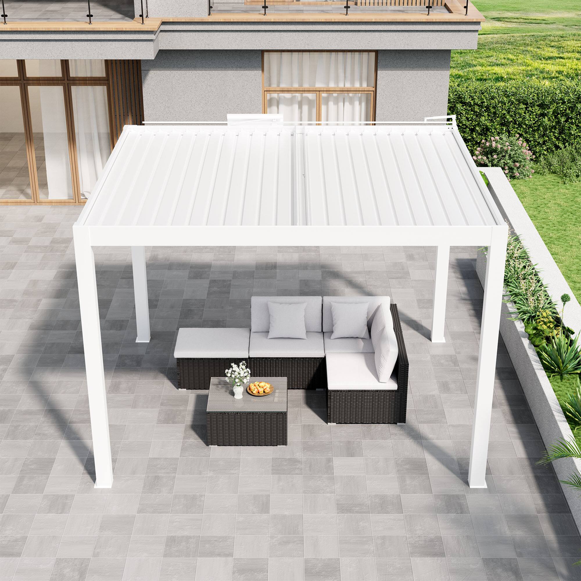 Left. Mondawe - 10ft x 12ft Solar-Powered Aluminum Pergola with Adjustable Louvers and Hidden Drainage System - White.