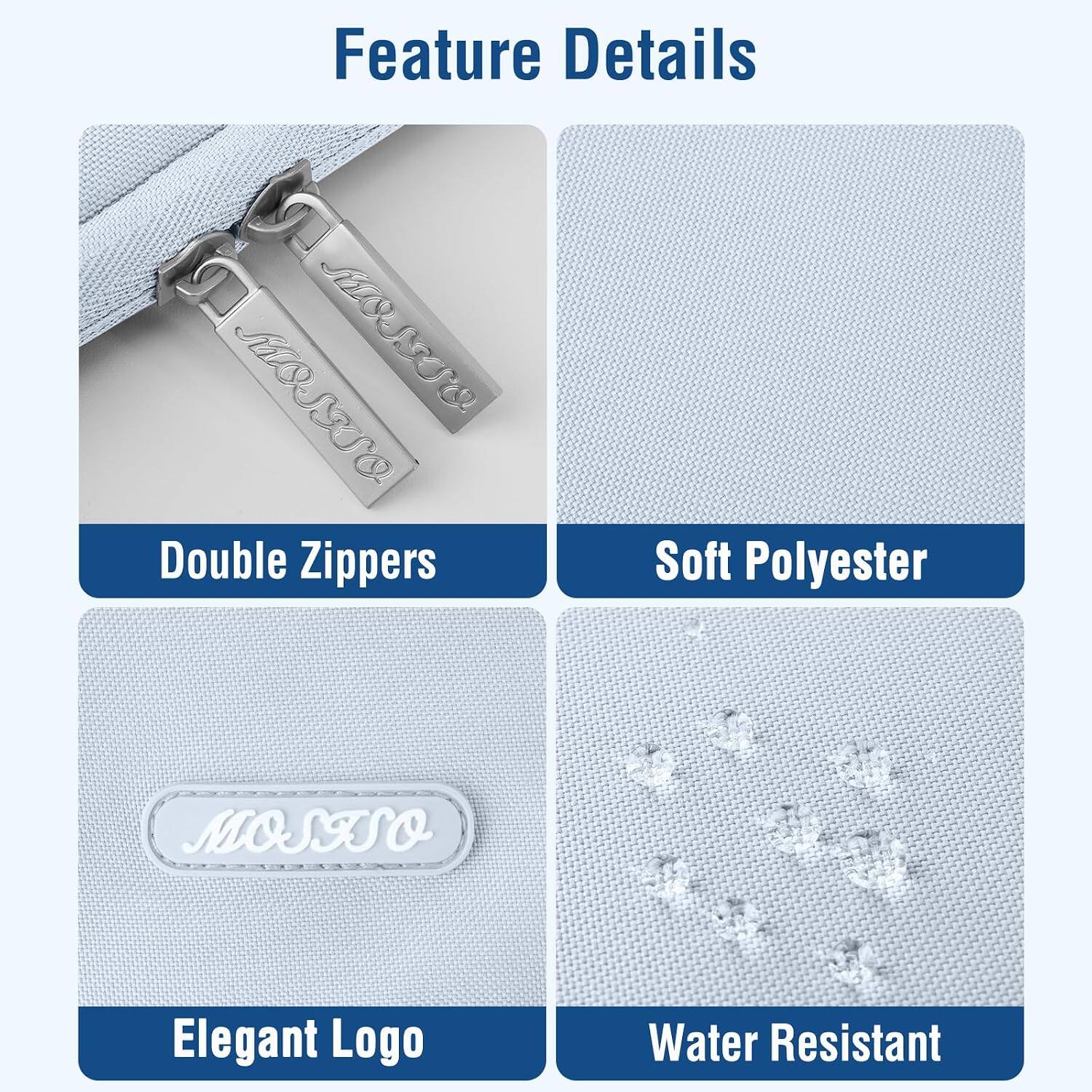Feature Details  
- MOSO MOSTSO Double Zippers  
- Soft Polyester  
- Elegant Logo  
- Water Resistant