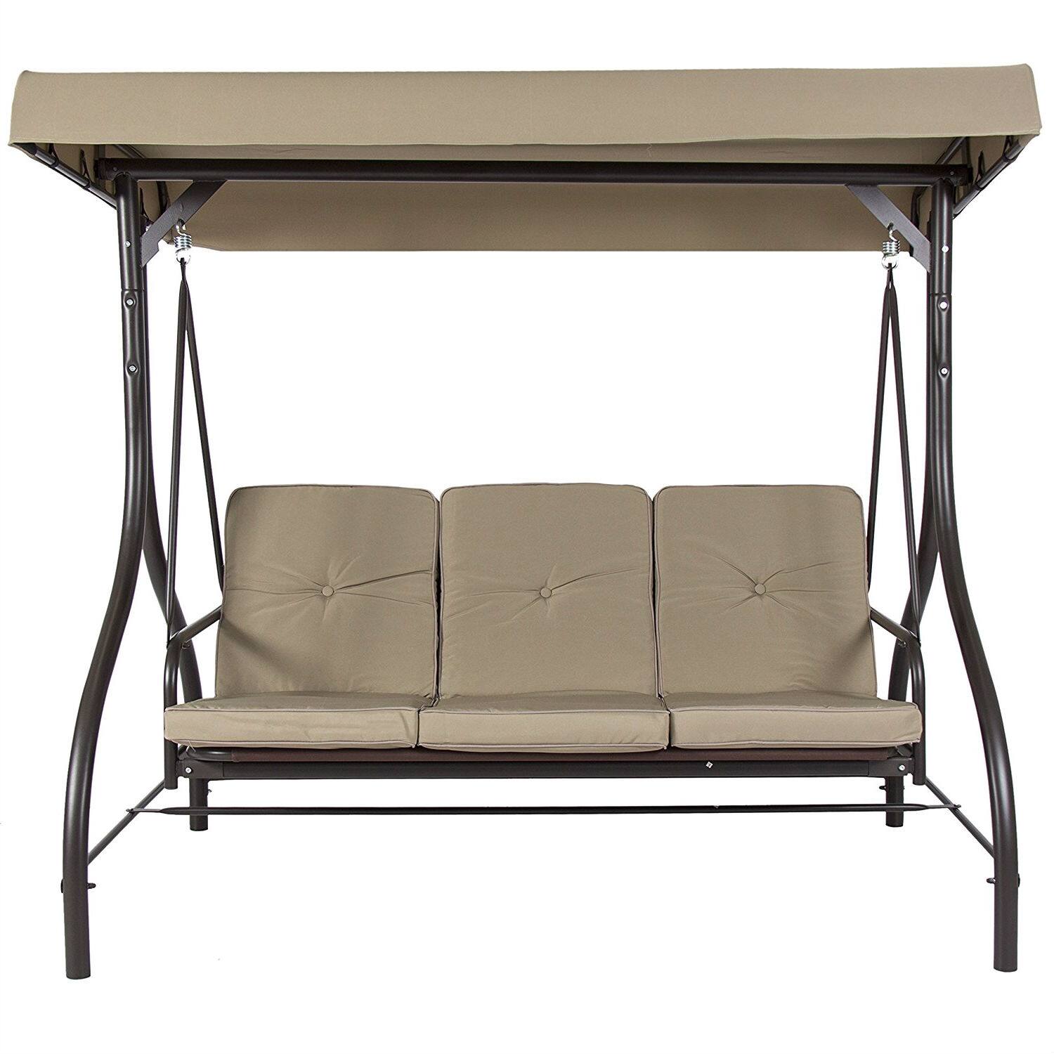 Angle. Hivvago - Tan 3-Seat Outdoor Porch Deck Patio Canopy Swing with Cushions - Tan.