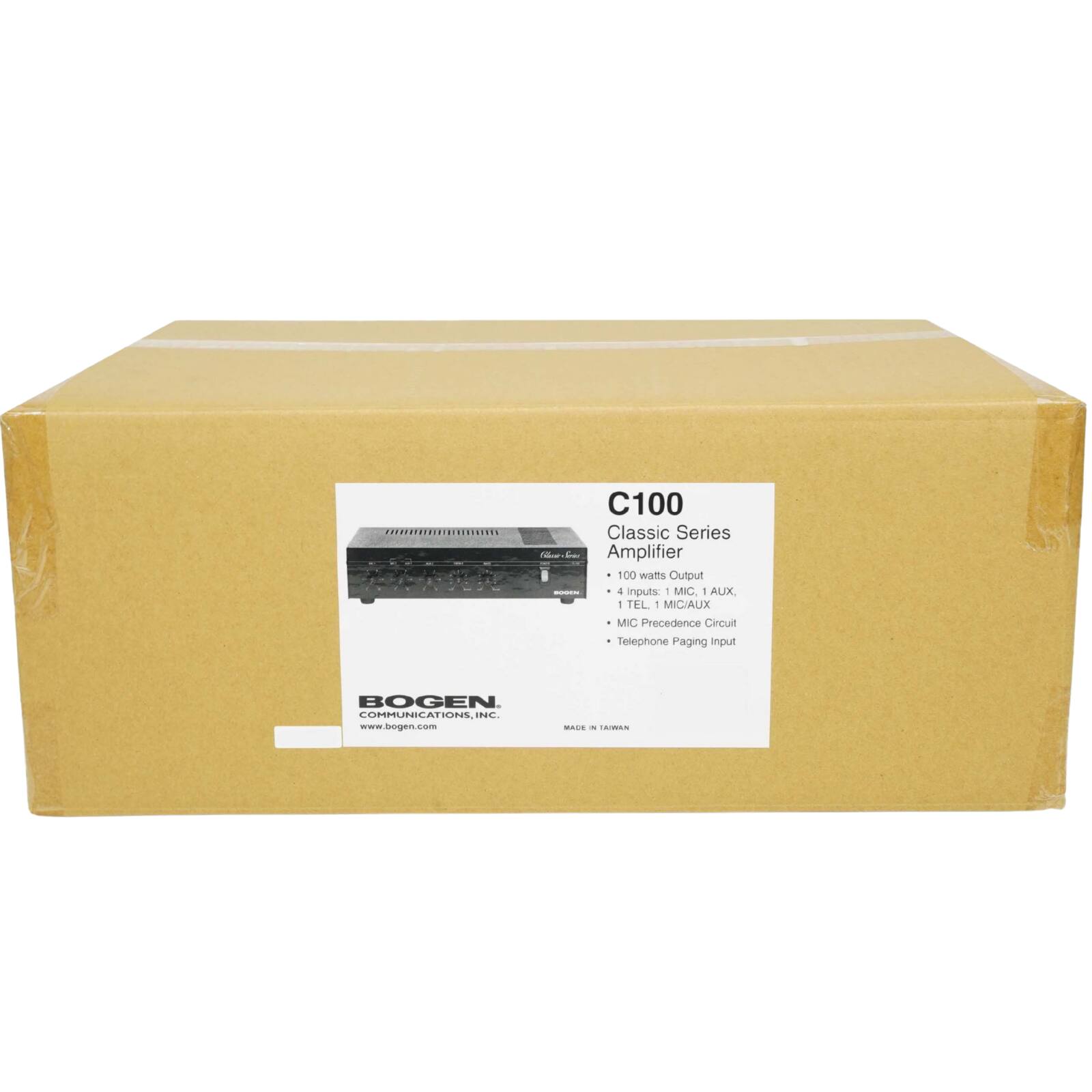 C100 Classic Series  
Amplifier  
100 watts Output  
4 inputs: 1 MIC, 1 AUX, 1 TEL, 1 MIC/AUX  
MIC Precedence Circuit  
Telephone Paging Input  
BOGEN COMMUNICATIONS, INC.  
www.bogen.com  
MADE IN TAIWAN