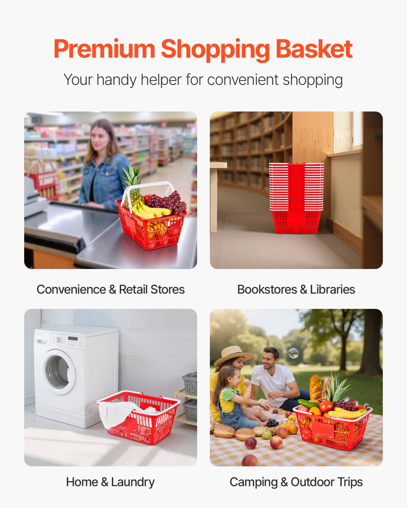 Premium Shopping Basket  
Your handy helper for convenient shopping  

Convenience & Retail Stores  
Bookstores & Libraries  
Home & Laundry  
Camping & Outdoor Trips