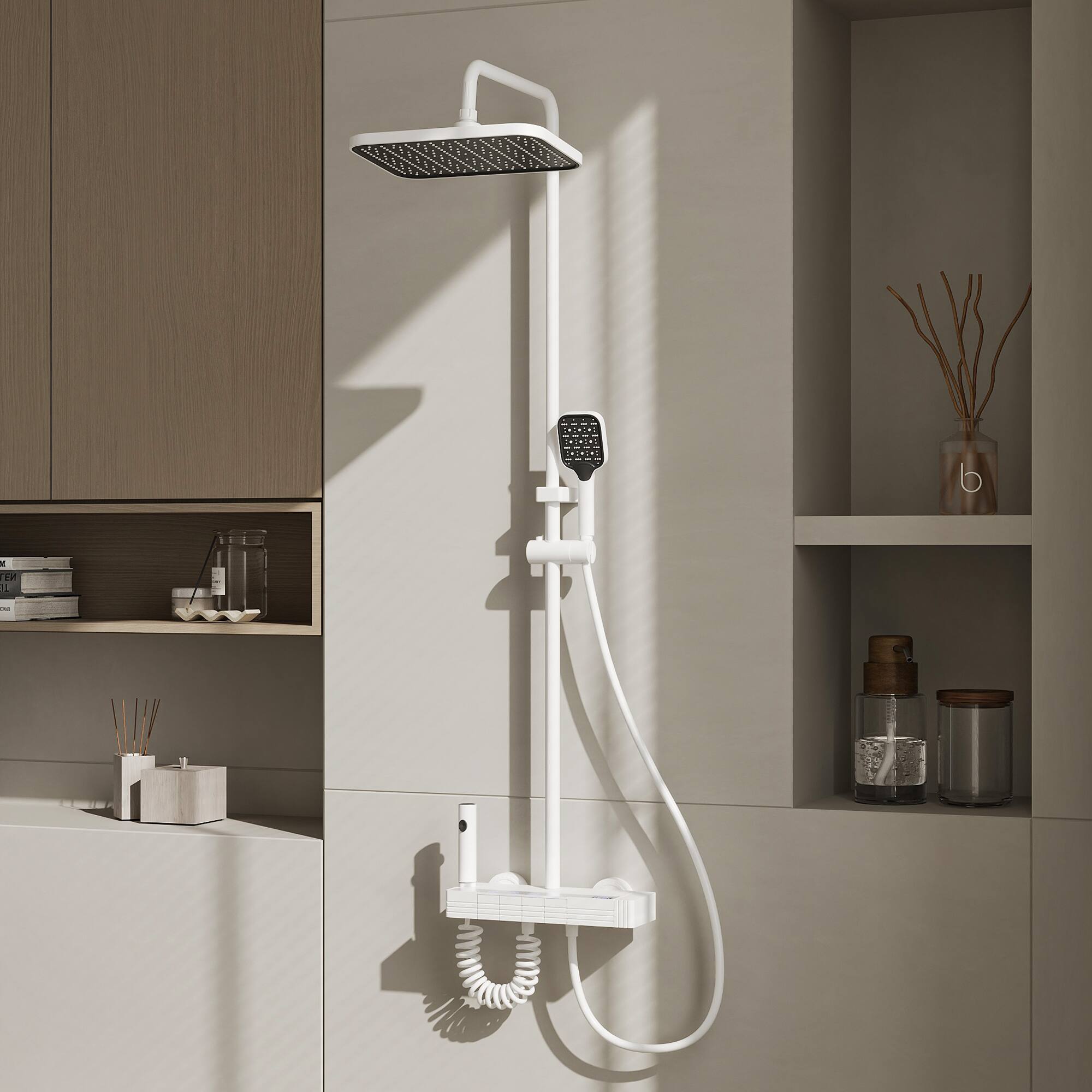 Front. Famapy - Thermostatic Shower System with LED Temperature Display 4-Mode Rainfall Shower Combo with Handheld,Waterfall&Spray Gun - White.