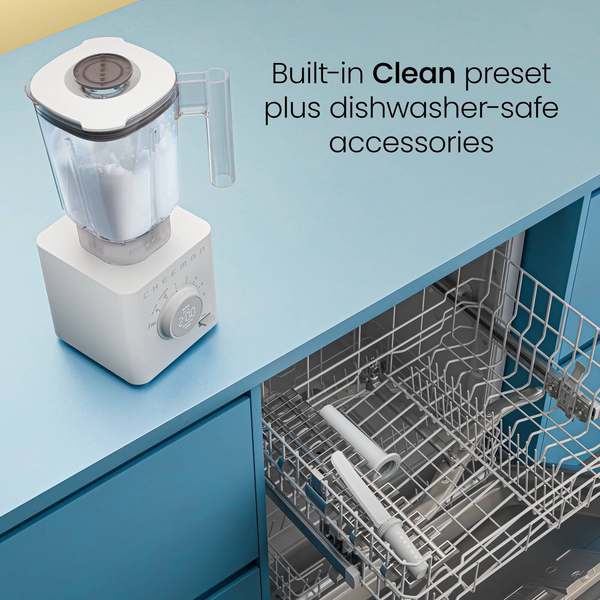 Built-in Clean preset plus dishwasher-safe accessories