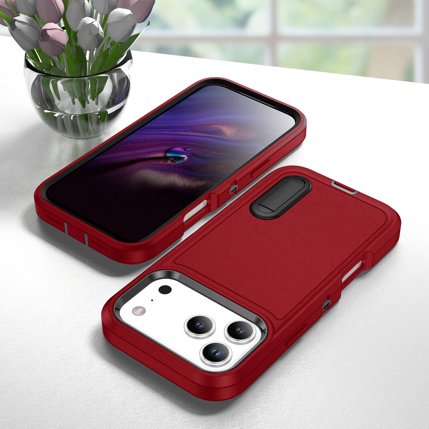 Alt View 2. Dteck - Rugged Case for Apple iPhone 18 Pro Max with Stand, Shockproof Multi Layer Cover, Raised Edge Guard for Screen Camera - Red + Black.