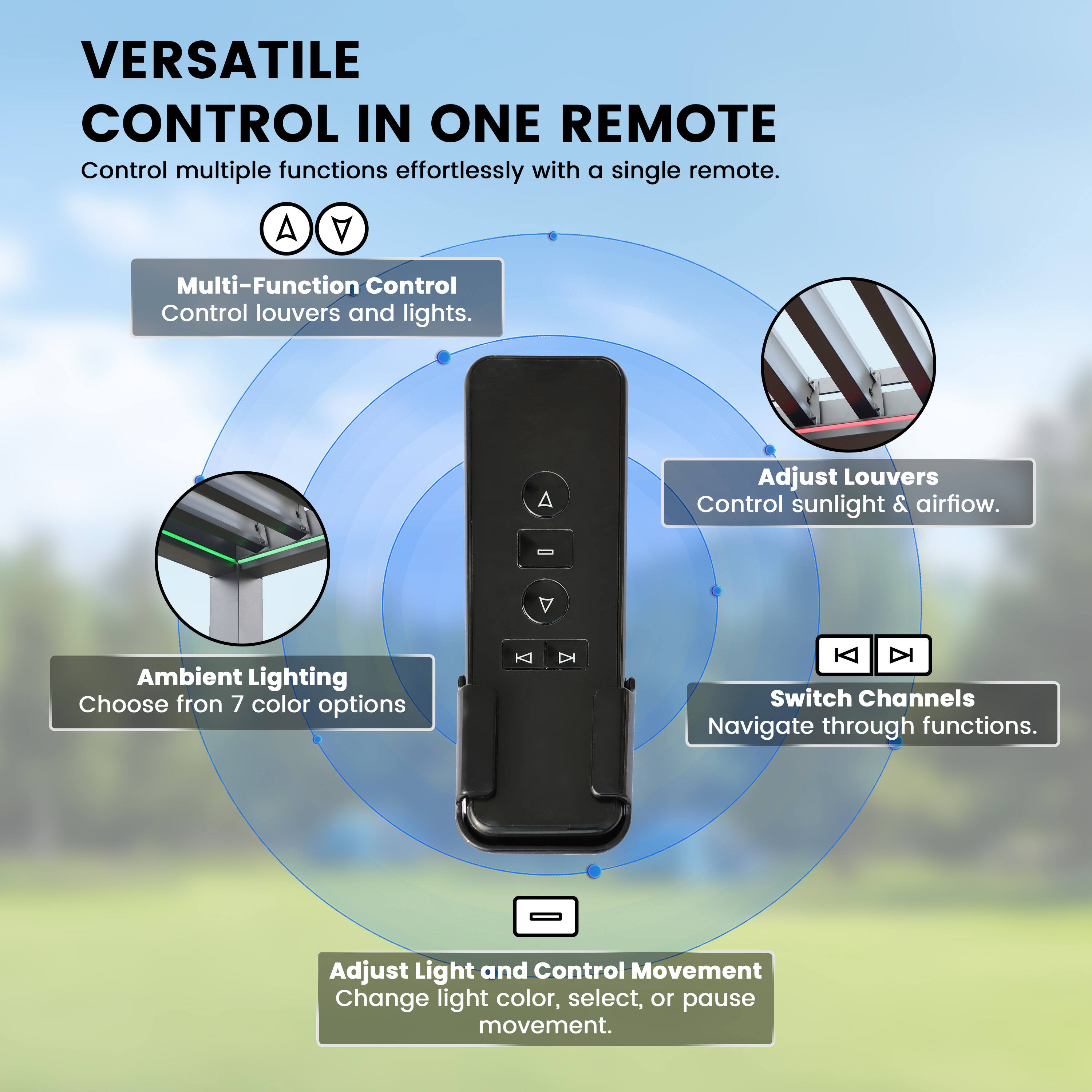 VERSATILE CONTROL IN ONE REMOTE  
Control multiple functions effortlessly with a single remote.  

- Multi-Function Control  
  Control louvers and lights.  

- Adjust Louvers  
  Control sunlight & airflow.  

- Ambient Lighting  
  Choose from 7 color options  

- Switch Channels  
  Navigate through functions.  

- Adjust Light and Control Movement  
  Change light color, select, or pause movement.