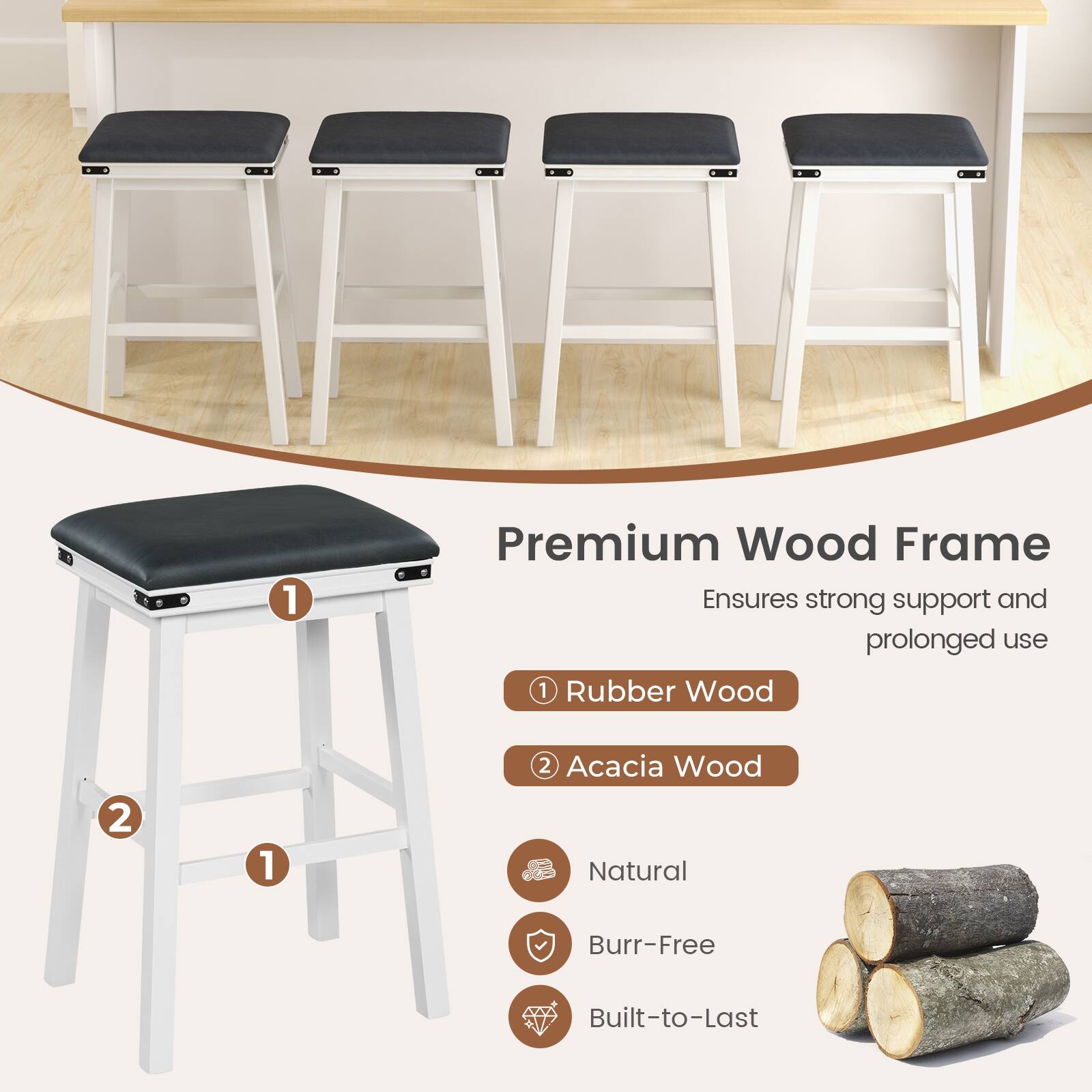 1. Premium Wood Frame Ensures strong support and prolonged use  
2. Rubber Wood  
3. 2 1/2 Acacia Wood  
4. Natural Burr-Free Built-to-Last