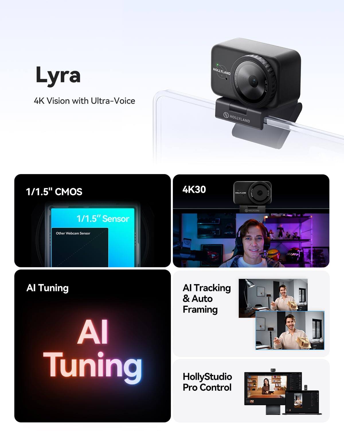 Lyra 4K Vision with Ultra-Voice  
HOLLYLAND 6  
1/1.5" CMOS 4K30  
1/1.5" Sensor  
Other Webcam Sensor  
AI Tuning  
AI Tracking & Auto Framing  
HollyStudio Pro Control