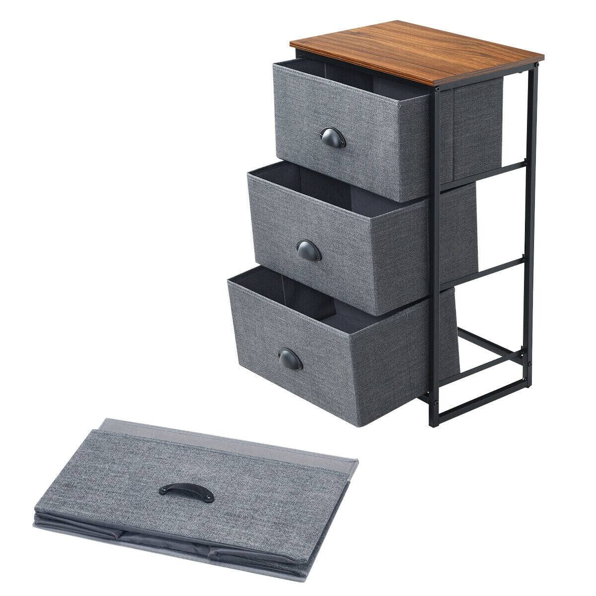 Alt View 4. Boyel Living - Narrow Black Nightstand with 3 Fabric Drawers and Brown Wood Top - Black.
