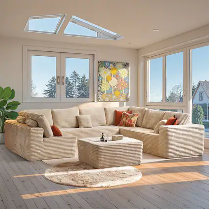 Front. Ovios - 135" Modular Sectional Cloud Sofa, U Shaped Couch with Chaise Lounge for Living Room - Beige.