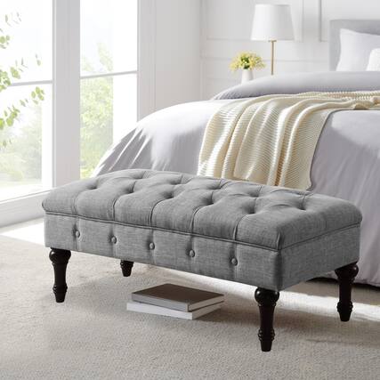 Front. Boyel Living - Tufted Linen Bench with Solid Wood Legs - Light Gray.